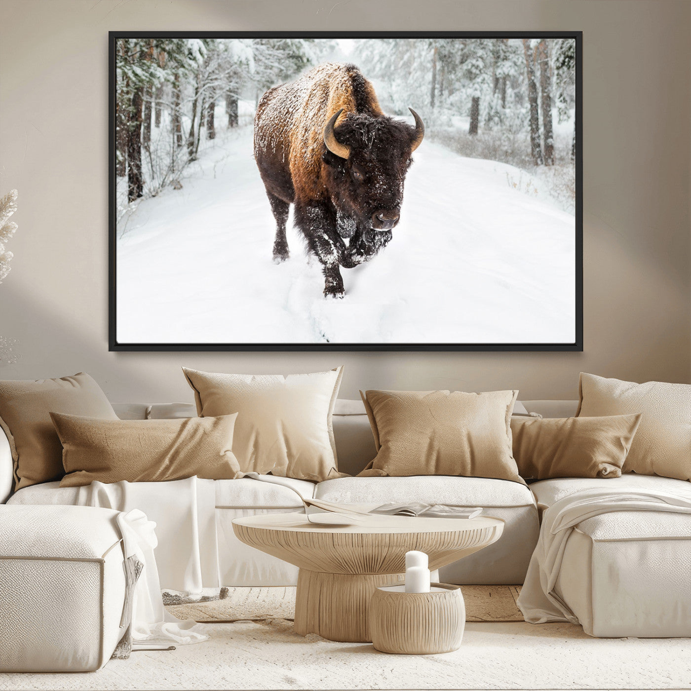 10109-MGV-CV-36X24-Majestic Bison Winter Wall Art – Snowy Forest Buffalo Canvas Print, Rustic Wildlife Photography Decor for Cabin, Lodge, Living
