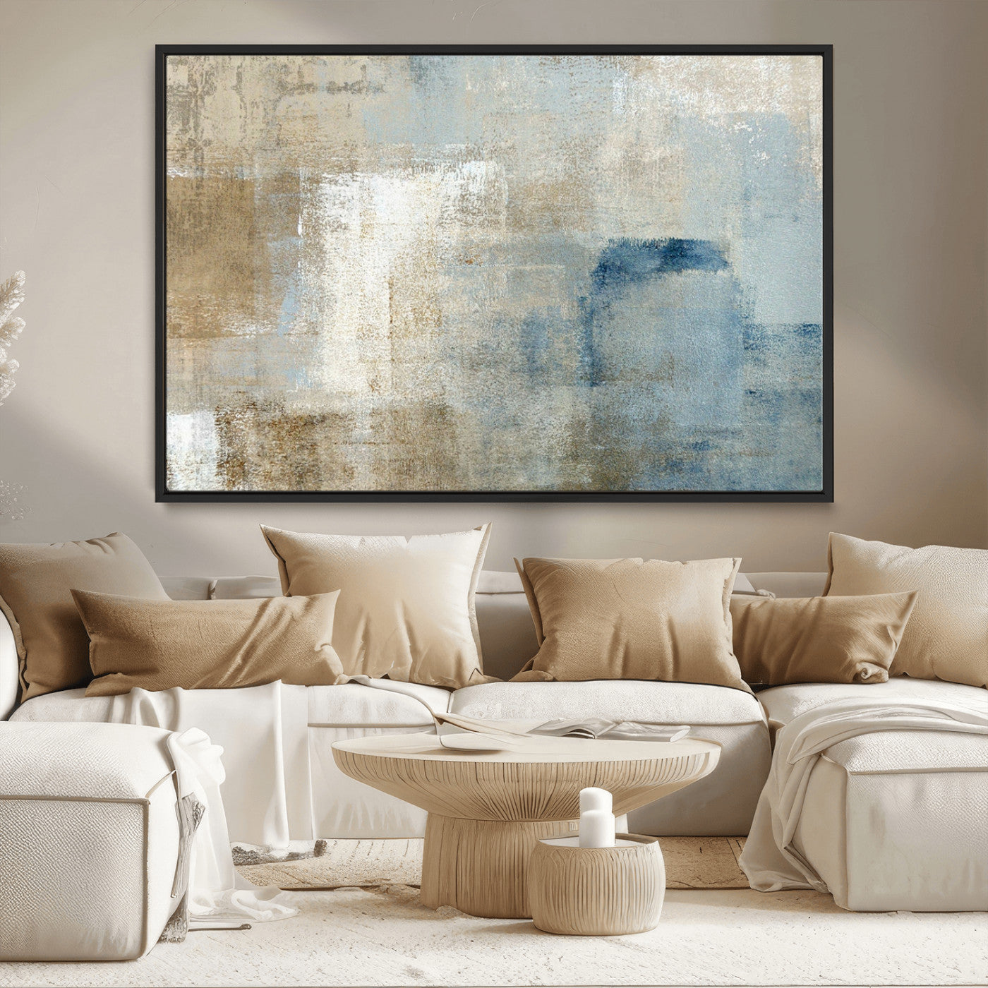 38126-MGV-CV-36X24-Neutral Abstract Wall Art – Modern Beige and Blue Canvas Print and Minimalist Textured Painting for Living Room, Bedroom or Office