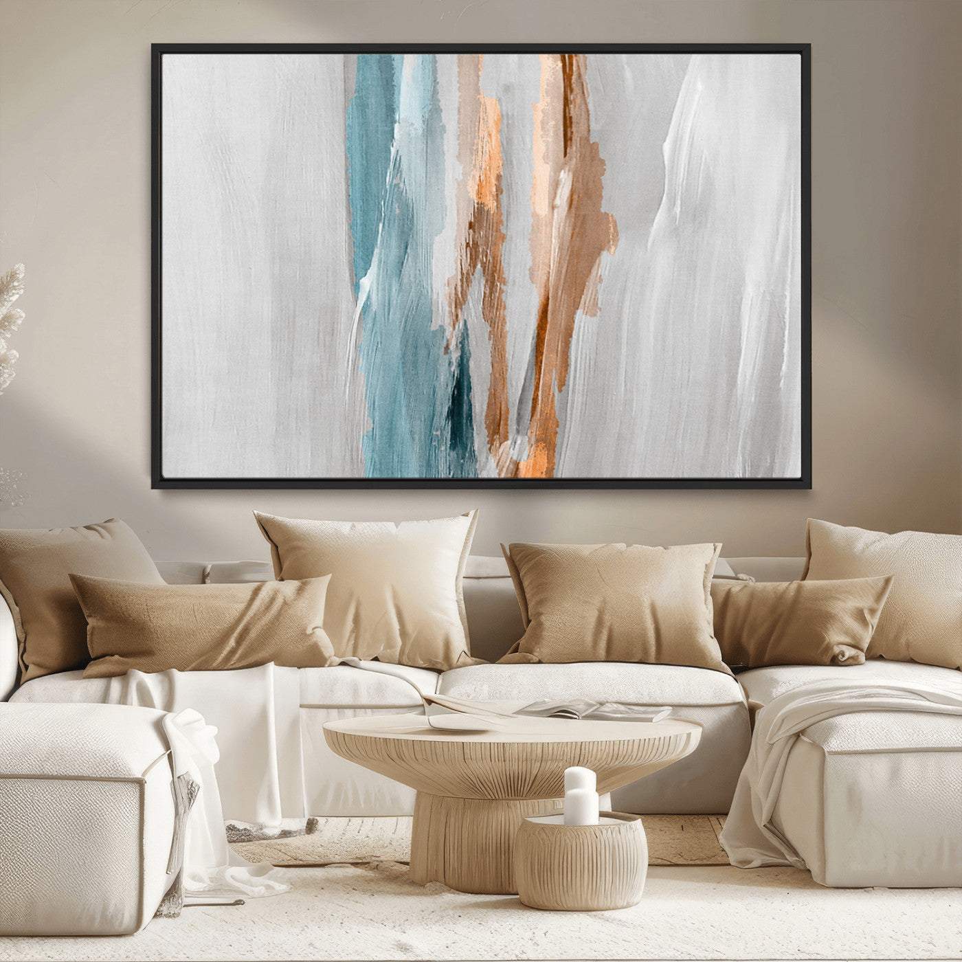 66154-MGV-CV-36X24-Abstract Brushstroke Wall Art – Modern Teal and Gold Canvas Print, Minimalist Contemporary Painting for Living Room, Bedroom, or