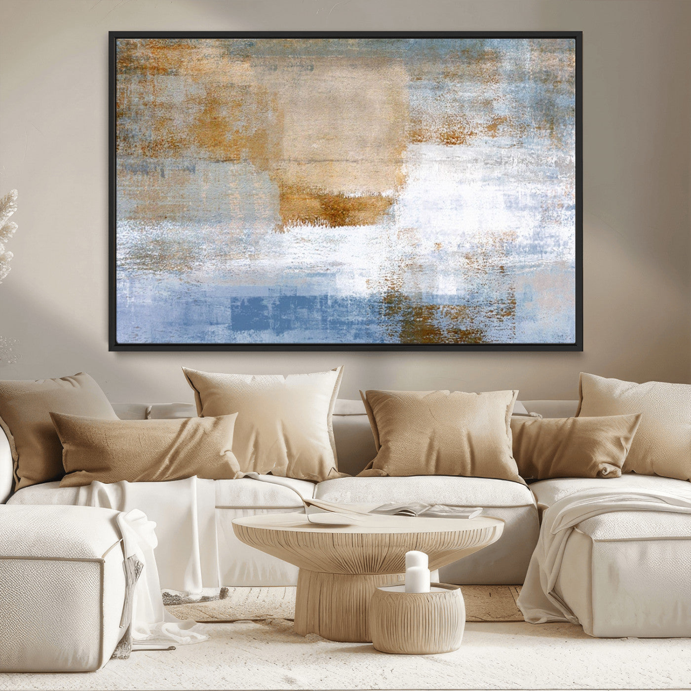 72354-MGV-CV-36X24-Blue and Gold Abstract Wall Art – Modern Minimalist Canvas Print, Textured Contemporary Painting for Living Room, Bedroom, or