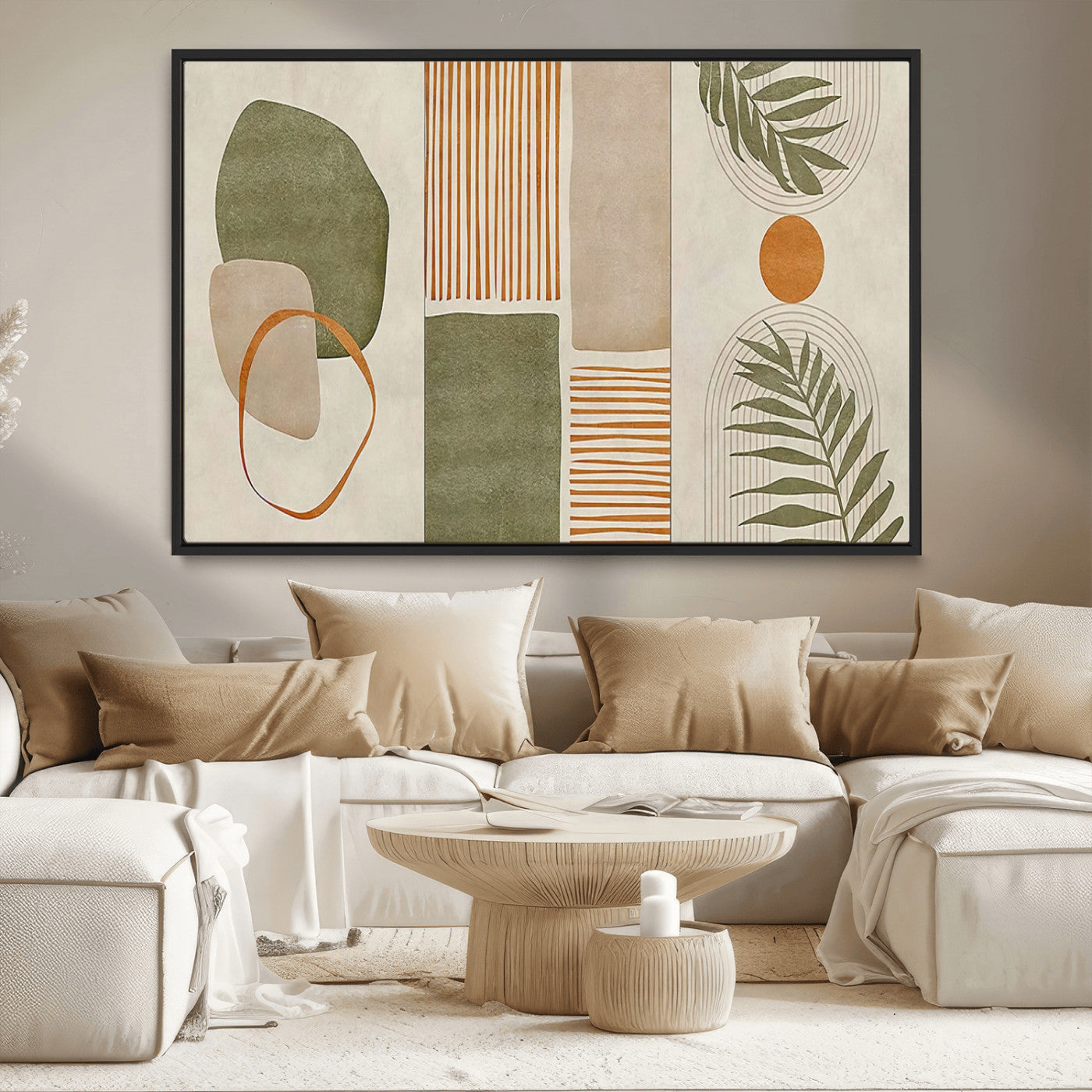 96002-MGV-CV-36X24-Abstract Geometric Wall Art – Modern Canvas Print with Green, Orange & Beige Shapes, Minimalist Home Decor for Living Room, Office