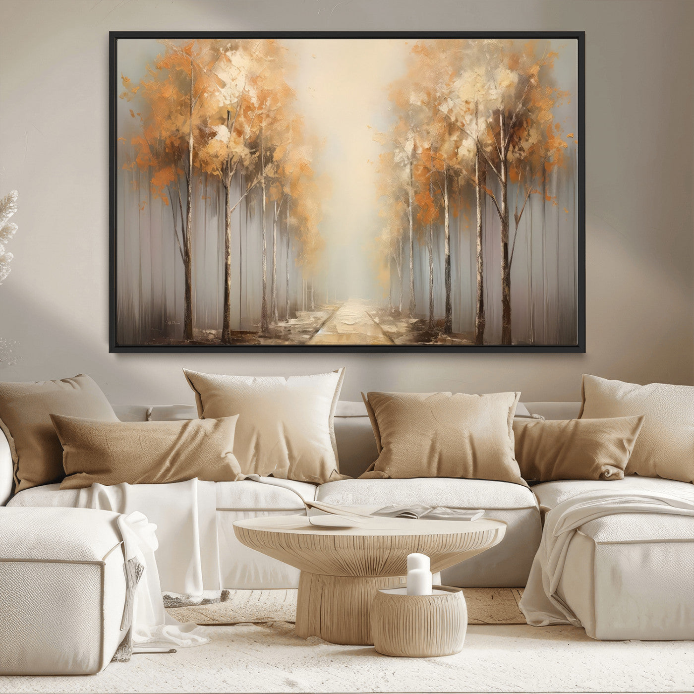 95004-MGV-CV-36X24-Autumn Forest Path Wall Art – Hand Painted Canvas Print with Golden Trees, Modern Nature Landscape Decor for Living Room, Bedroom