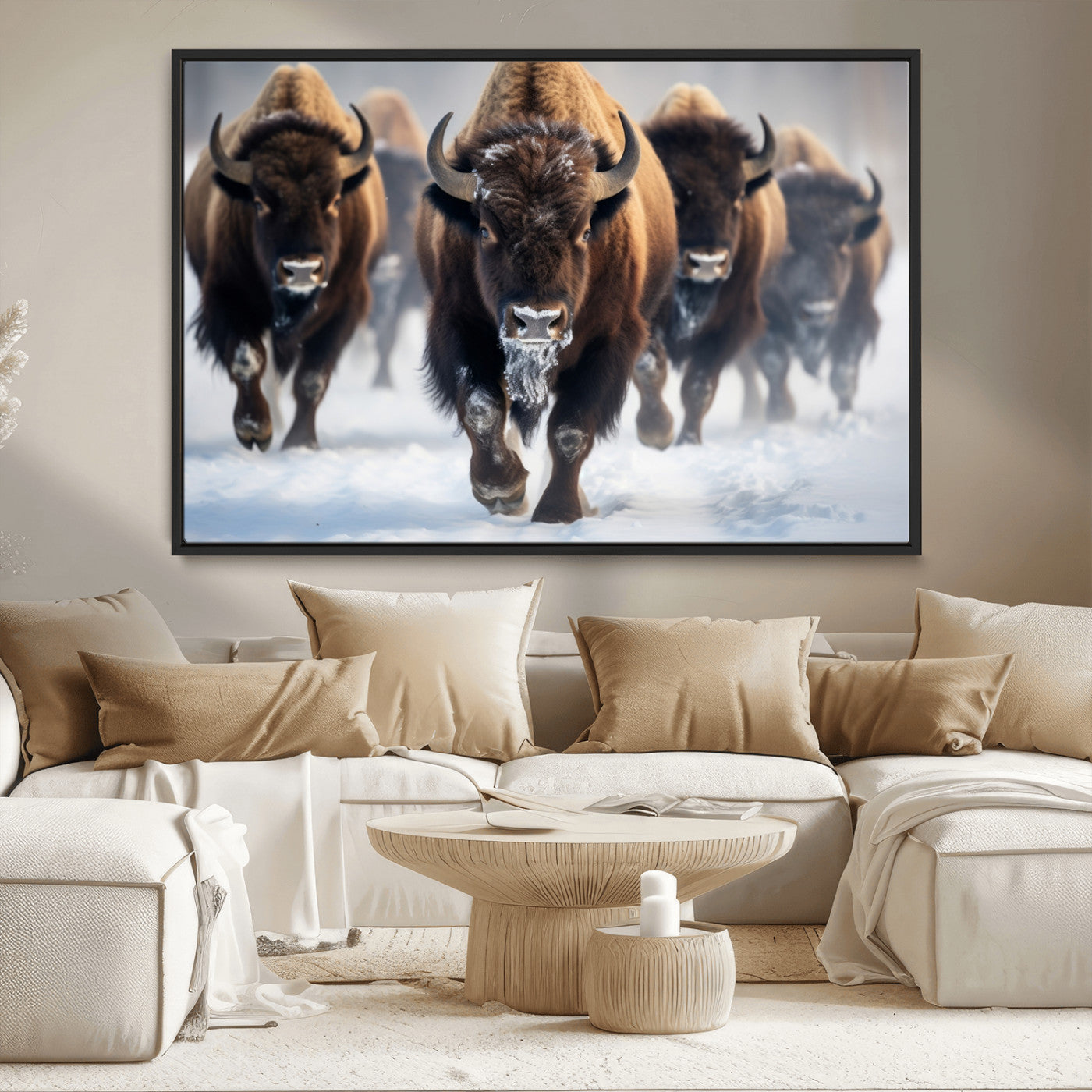 80512-MGV-CV-36X24-Bison Herd Wall Art – Buffalo Running in Snow Canvas Print, Rustic Wildlife Photography Decor for Cabin, Lodge, or Living Room