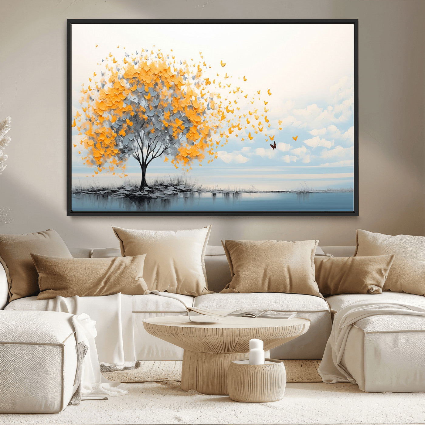 23385-MGV-CV-36X24-Golden Butterfly Tree Wall Art – Abstract Yellow and Gray Canvas Print, Modern Nature Artwork for Living Room, Bedroom or Office