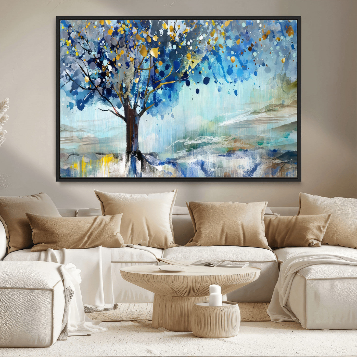 17018-MGV-CV-36X24-Abstract Blue Tree Wall Art – Colorful Canvas Painting with Gold and Silver Accents, Modern Nature Artwork for Living Room,
