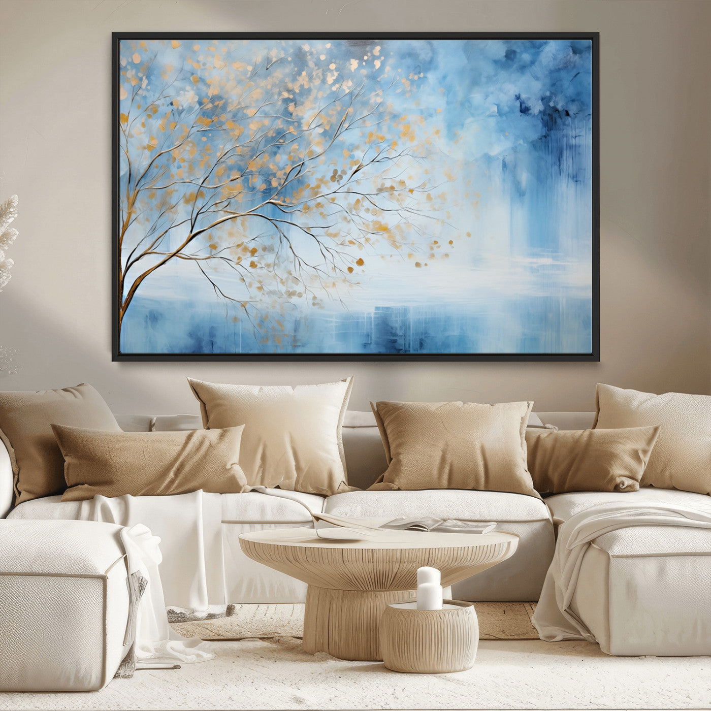 23891-MGV-CV-36X24-Abstract Tree Wall Art – Minimalist Blue and Gold Canvas Painting, Elegant Nature-Inspired Artwork for Living Room, Bedroom or