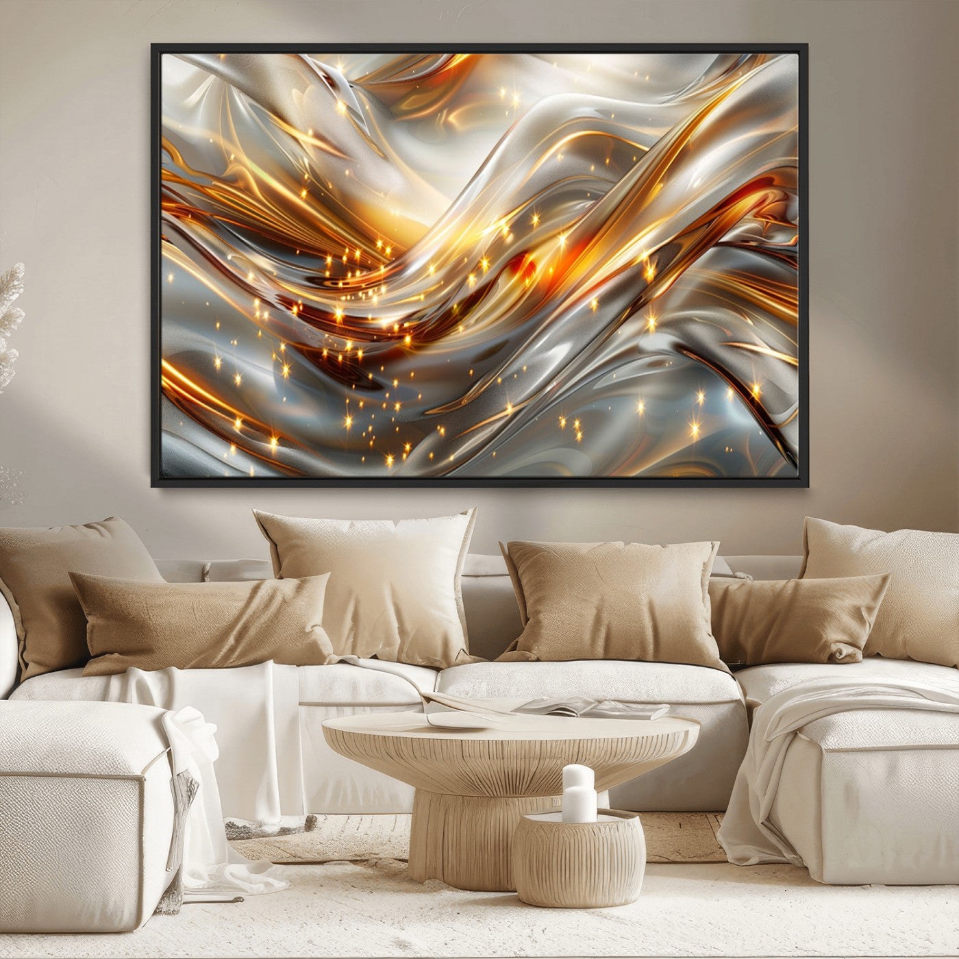 Lines1-MGV-CV-36X24-Abstract Metallic Wall Art – Silver and Gold Wave Canvas Print with Sparkling Accents, Modern Luxury Decor for Living Room, Office