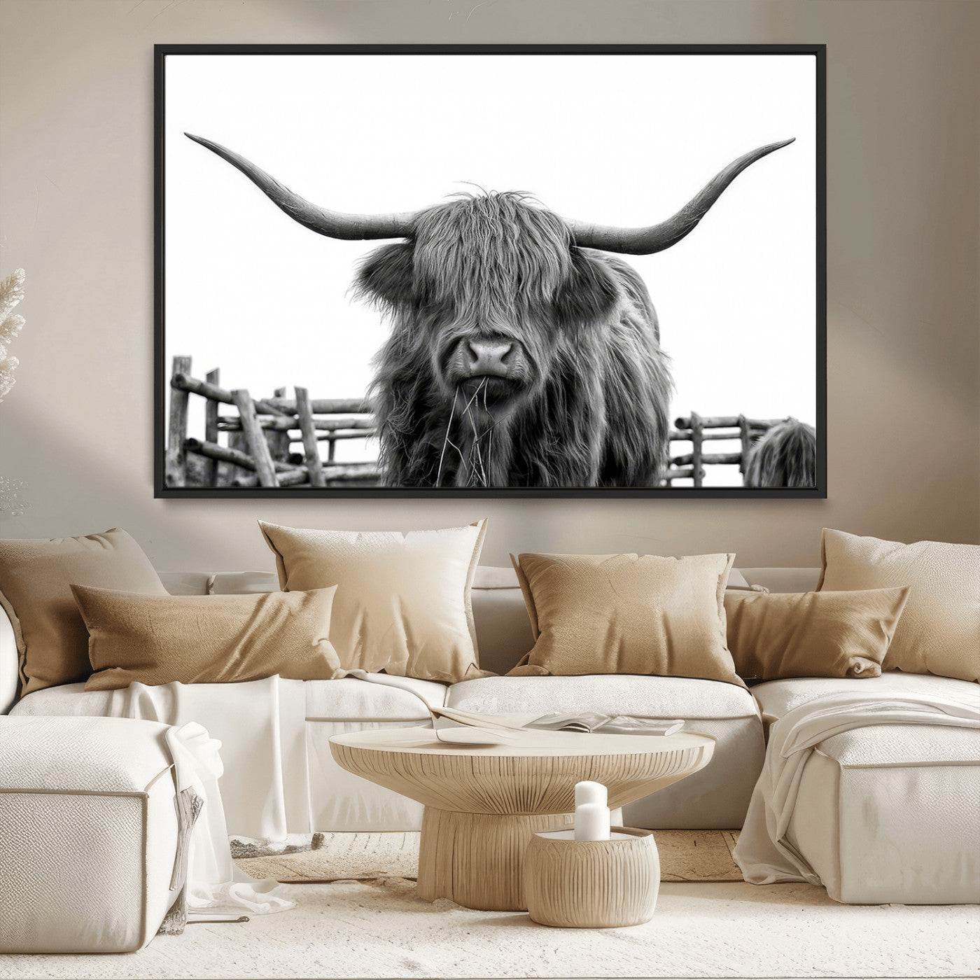 58188-MGV-CV-36X24-Highland Cow Wall Art – Black and White Rustic Farmhouse Canvas Print, Longhorn Cattle Photography Decor for Living Room or