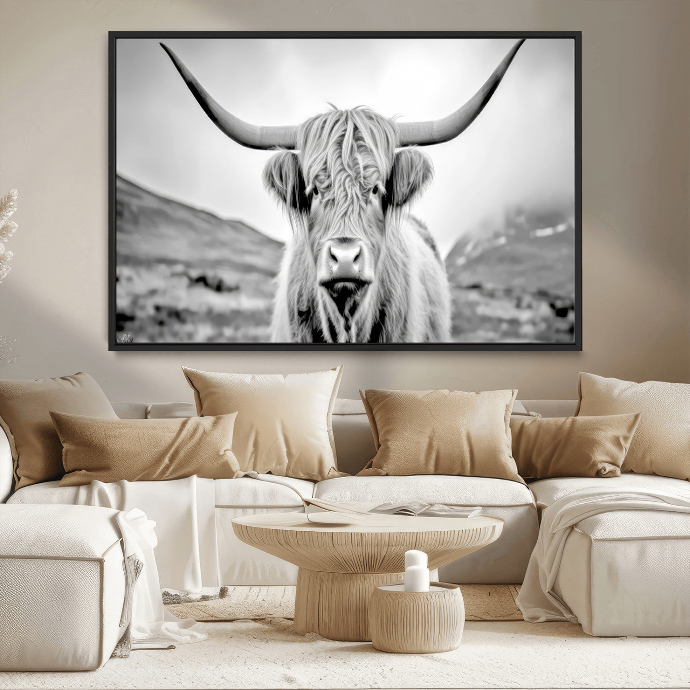 80564-MGV-CV-36X24-Highland Cow Wall Art – Black and White Scottish Highland Canvas Print, Rustic Farmhouse Decor for Living Room, Bedroom or Office