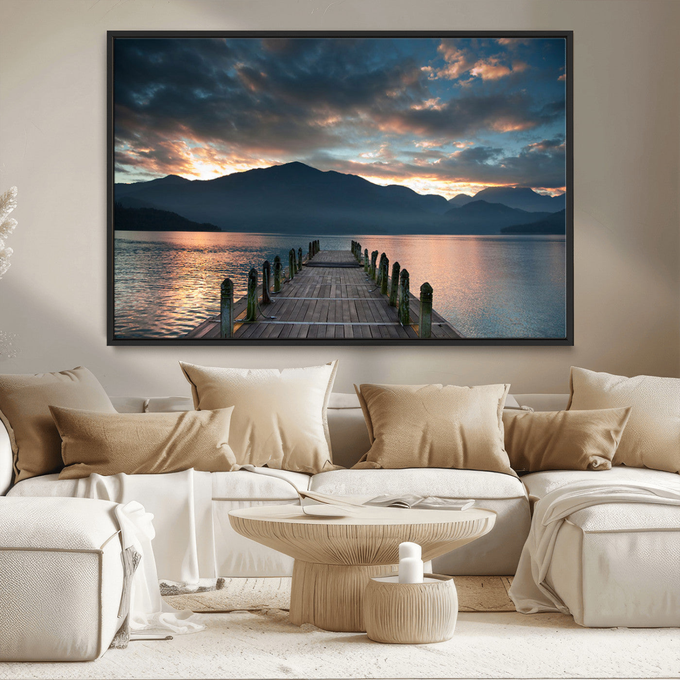 20442-MGV-CV-36X24-Lakeside Sunset Dock Wall Art – Peaceful Mountain Lake Canvas Print, Serene Nature Landscape Decor for Living Room, Bedroom or
