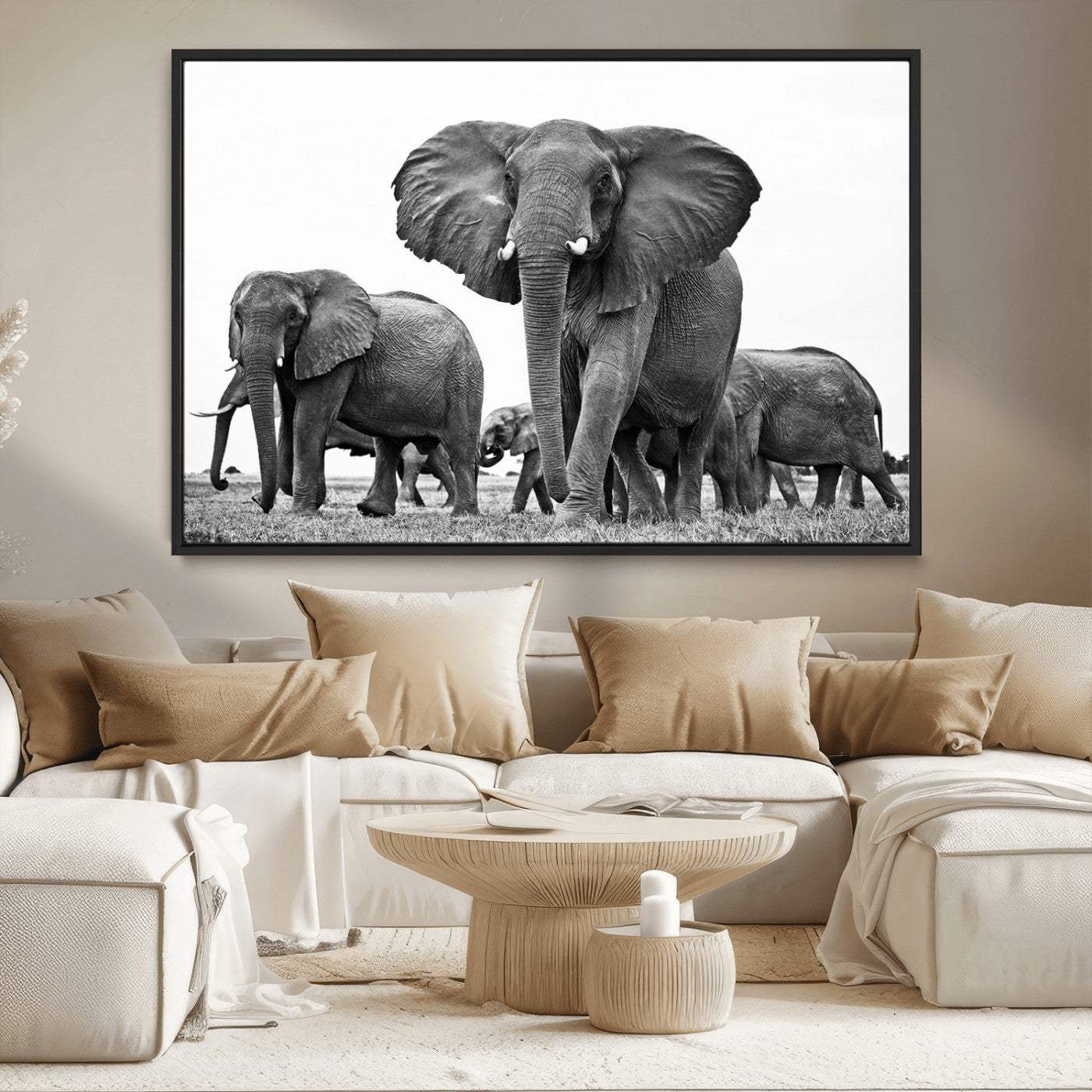 91685-MGV-CV-36X24-Elephant Herd Wall Art – Black and White Safari Canvas Print, African Wildlife Photography Decor for Living Room, Office or