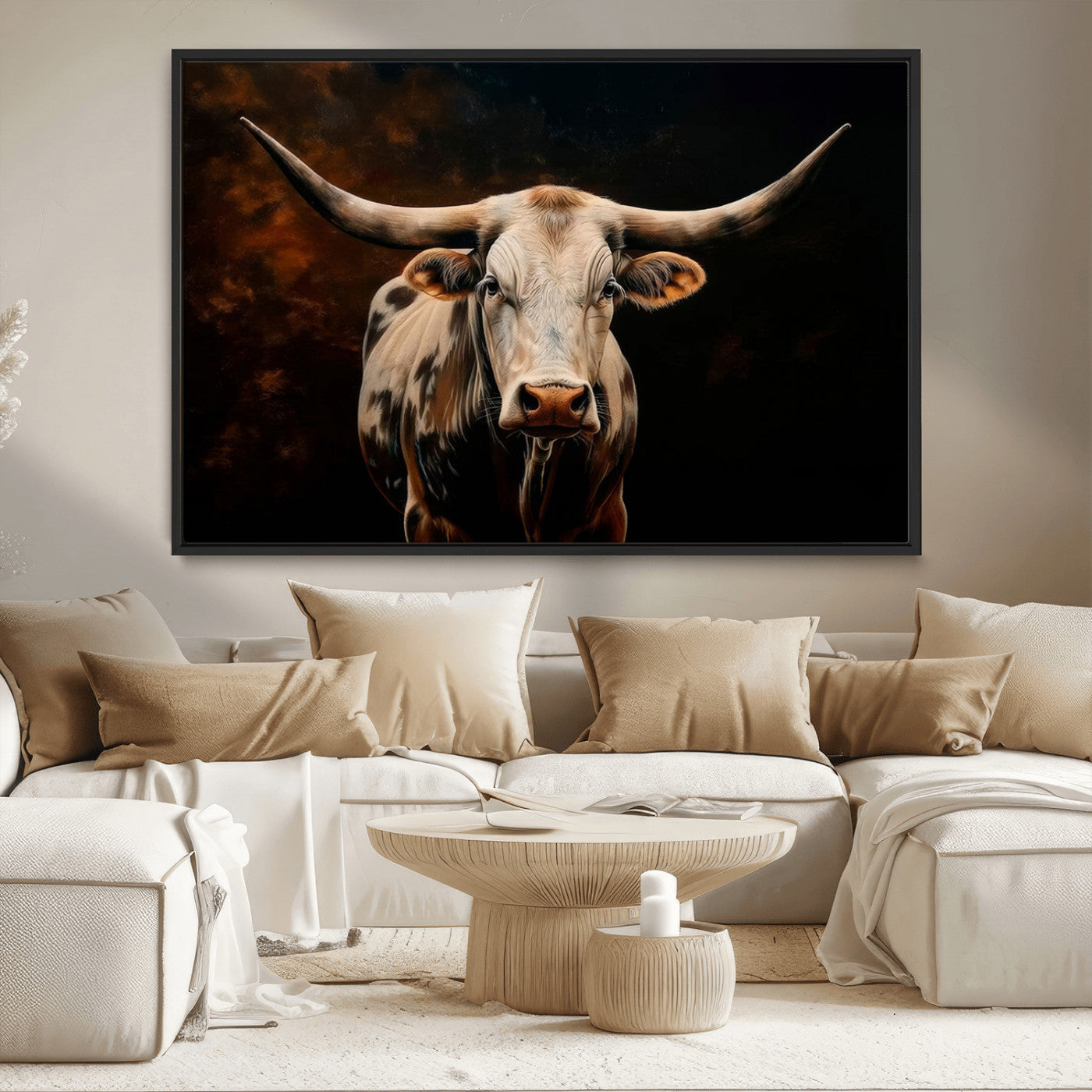 70522-MGV-CV-36X24-Longhorn Bull Wall Art – Striking Canvas Print of Majestic Bull, Premium Animal Decor for Home, Office, Man Cave, or Living Room