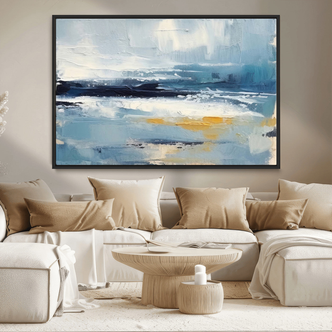 19746-MGV-CV-36X24-Abstract Ocean Wall Art – Modern Coastal Canvas Print with Blue, White and Gold Textures, Contemporary Seascape Painting for