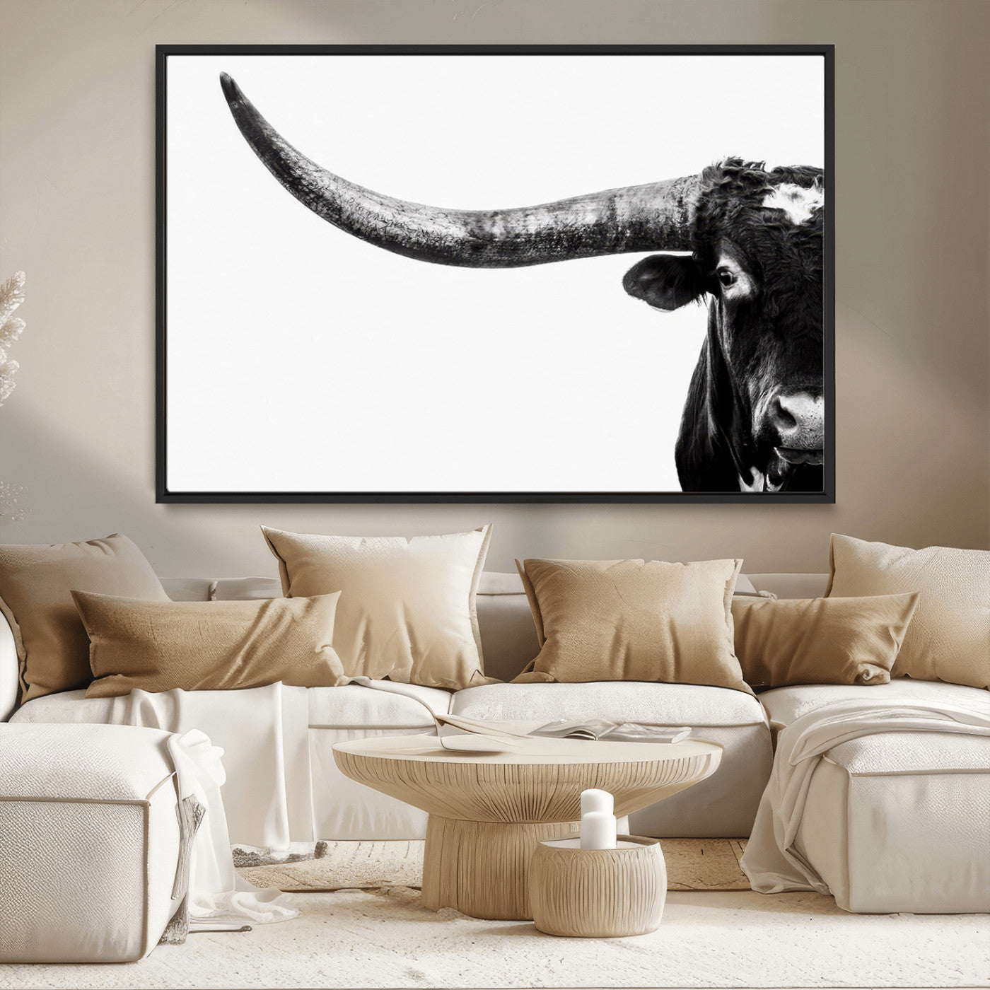 31699-MGV-CV-36X24-Longhorn Wall Art – Black and White Texas Longhorn Cow Canvas Print, Rustic Western Farmhouse Artwork for Living Room, Bedroom or