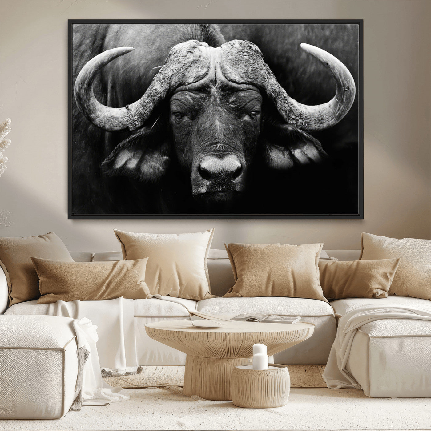75273-MGV-CV-36X24-Buffalo Wall Art – Black and White African Buffalo Canvas Print, Rustic Wildlife Animal Artwork for Farmhouse, Living Room,