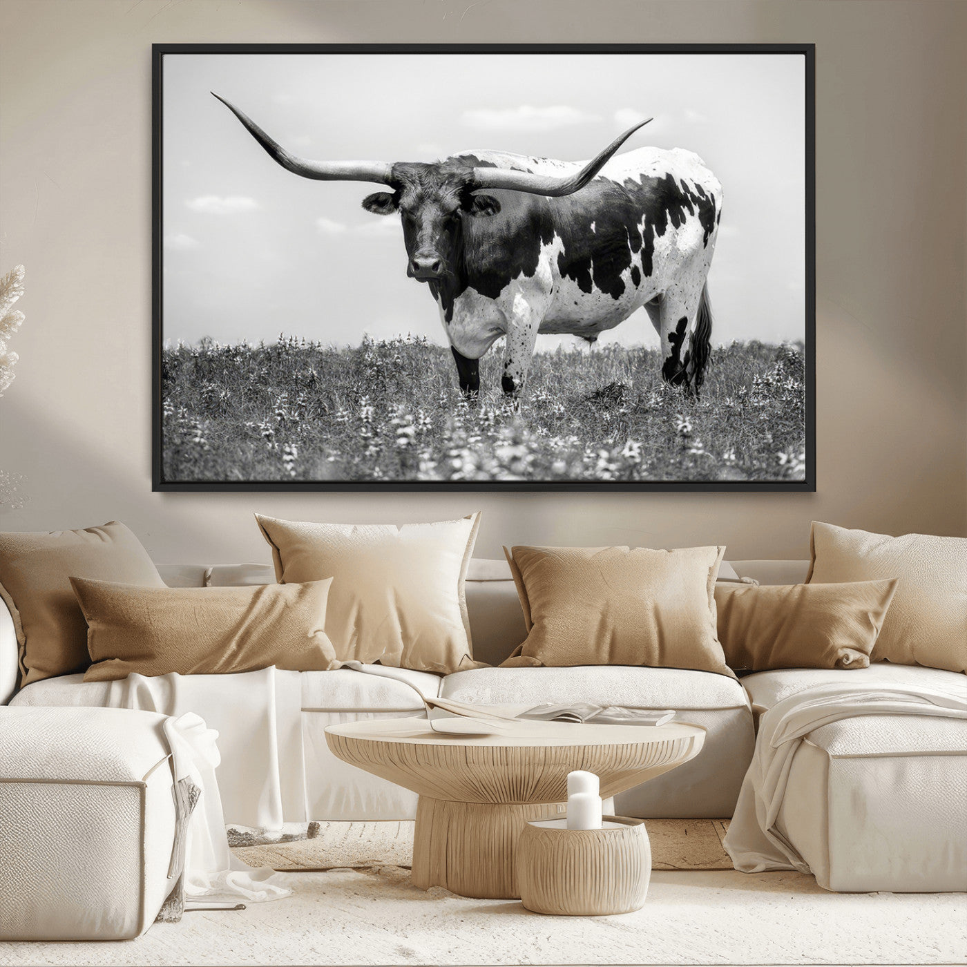 94709-MGV-CV-36X24-Texas Longhorn Wall Art – Black and White Bull Photography Canvas Print, Western Farmhouse Wall Decor for Living Room, Office or