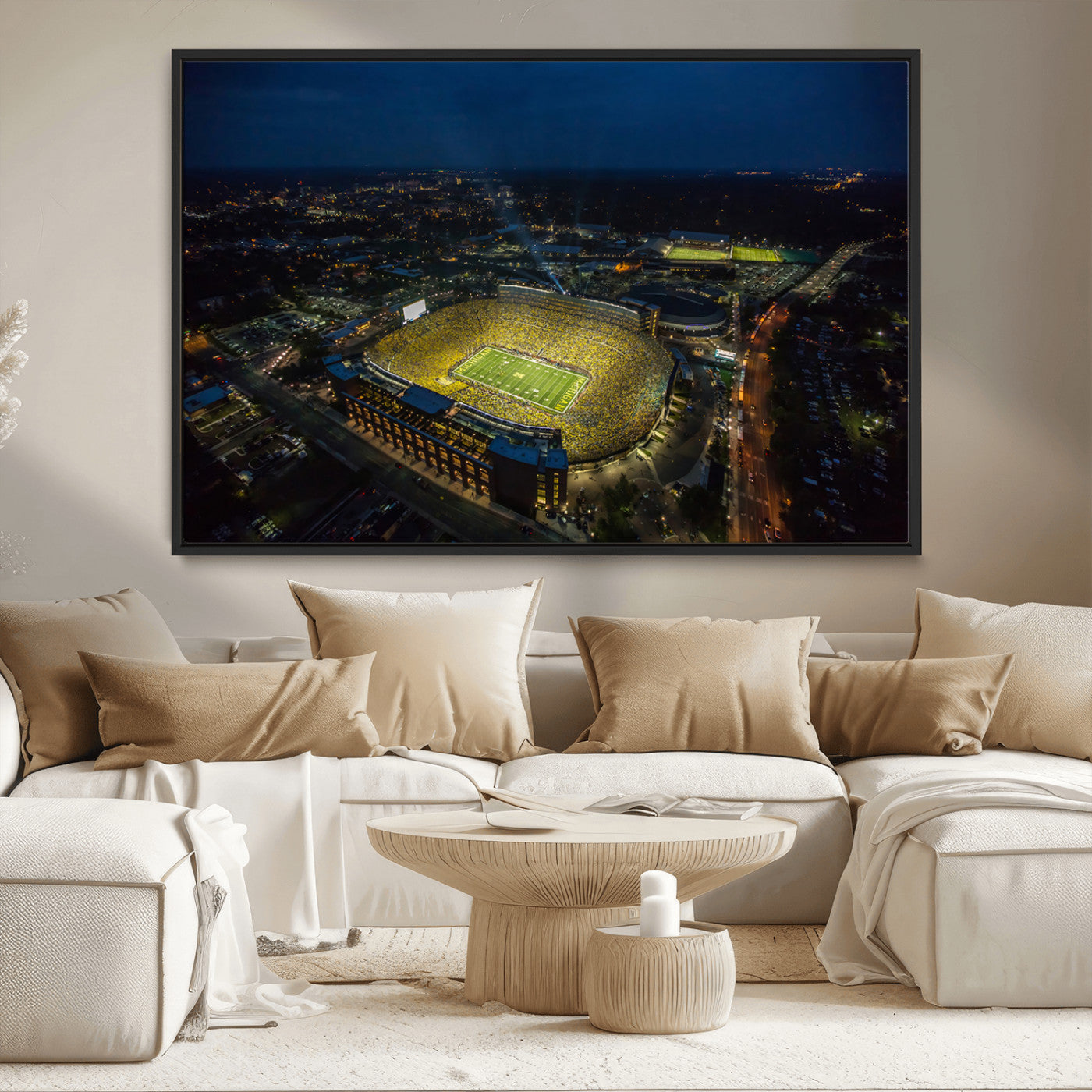 33588-MGV-CV-36X24-Football Stadium Wall Art – Aerial Night Game Canvas Print Packed Field City Lights, Sports Photography Decor for Game Room, Man
