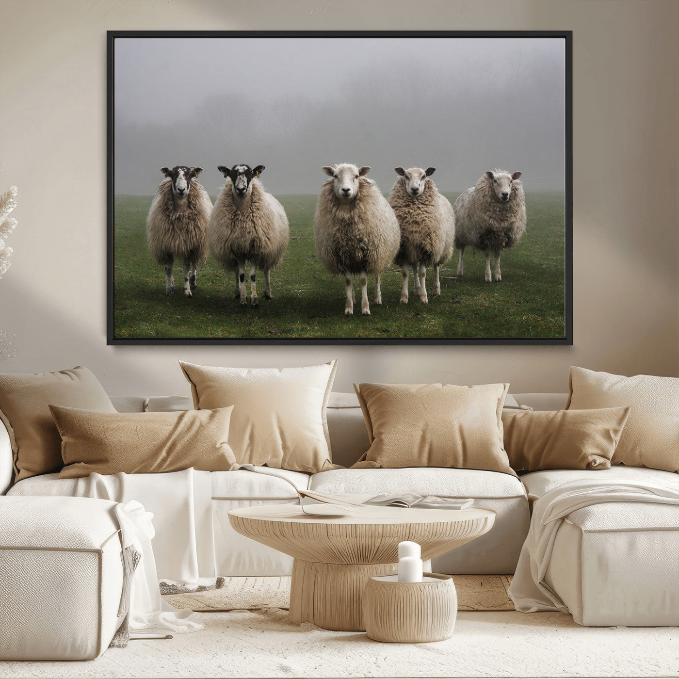 87339-MGV-CV-36X24-Sheep Wall Art – Rustic Farmhouse Canvas Print Flock Standing Misty Field Countryside Photography, Country Animal Decor for Living