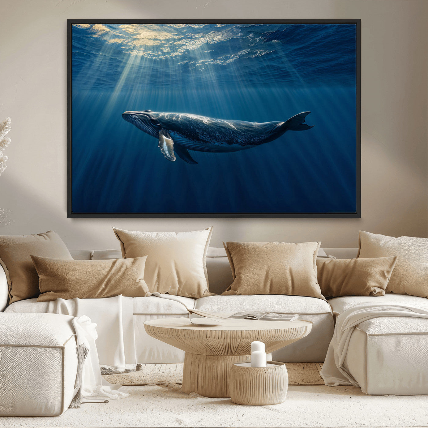 18052-MGV-CV-36X24-Whale Wall Art – Majestic Ocean Canvas Print Marine Life Underwater Sunlight Scene, Nautical Coastal Decor for Living Room,