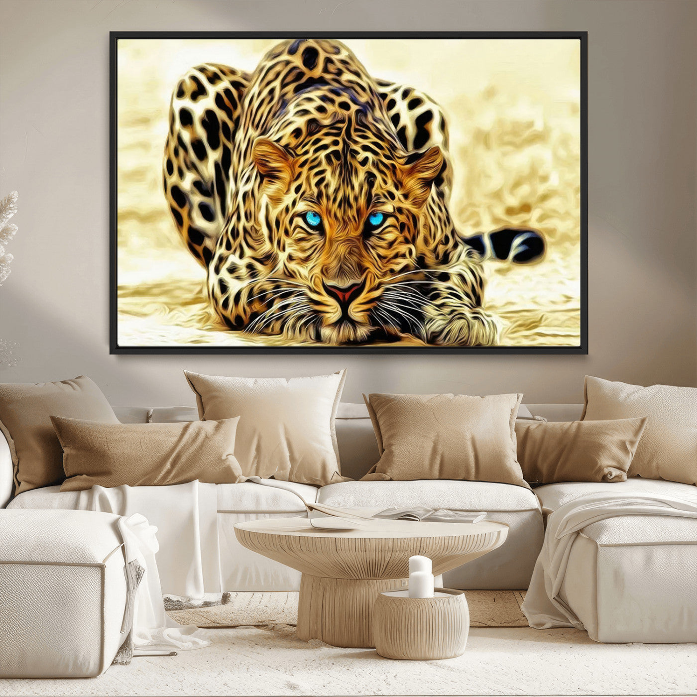 45281-MGV-CV-36X24-Blue Eye Leopard Wall Art Canvas Print, Framed Leopard Painting Art Picture Print, Big Cat Perfect Safari Wildlife Decor Artwork