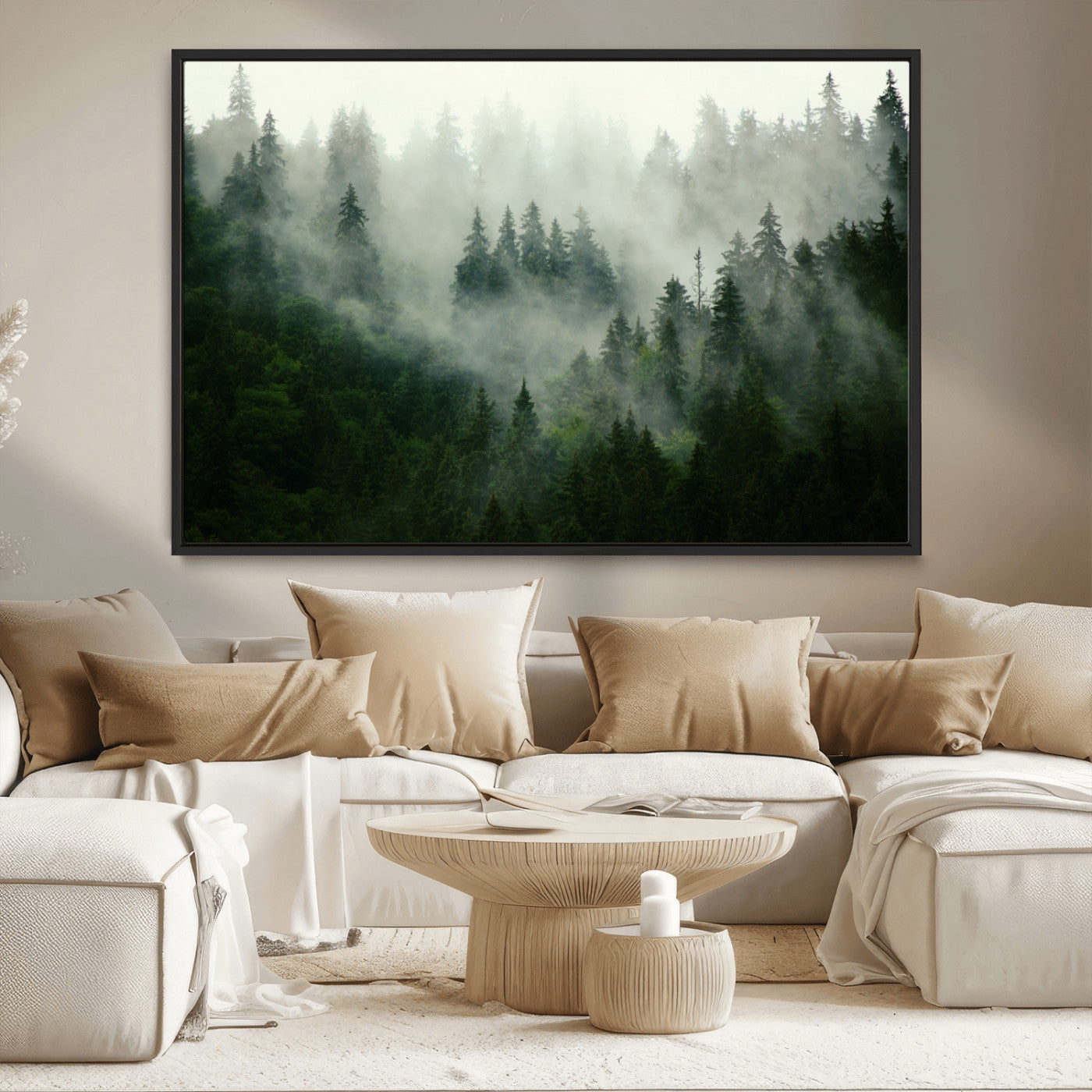 167720496-MGV-CV-36X24-Misty Forest Wall Art – Serene Evergreen Trees Canvas Print, Foggy Mountain Nature Landscape Decor for Bedroom, Living Room or