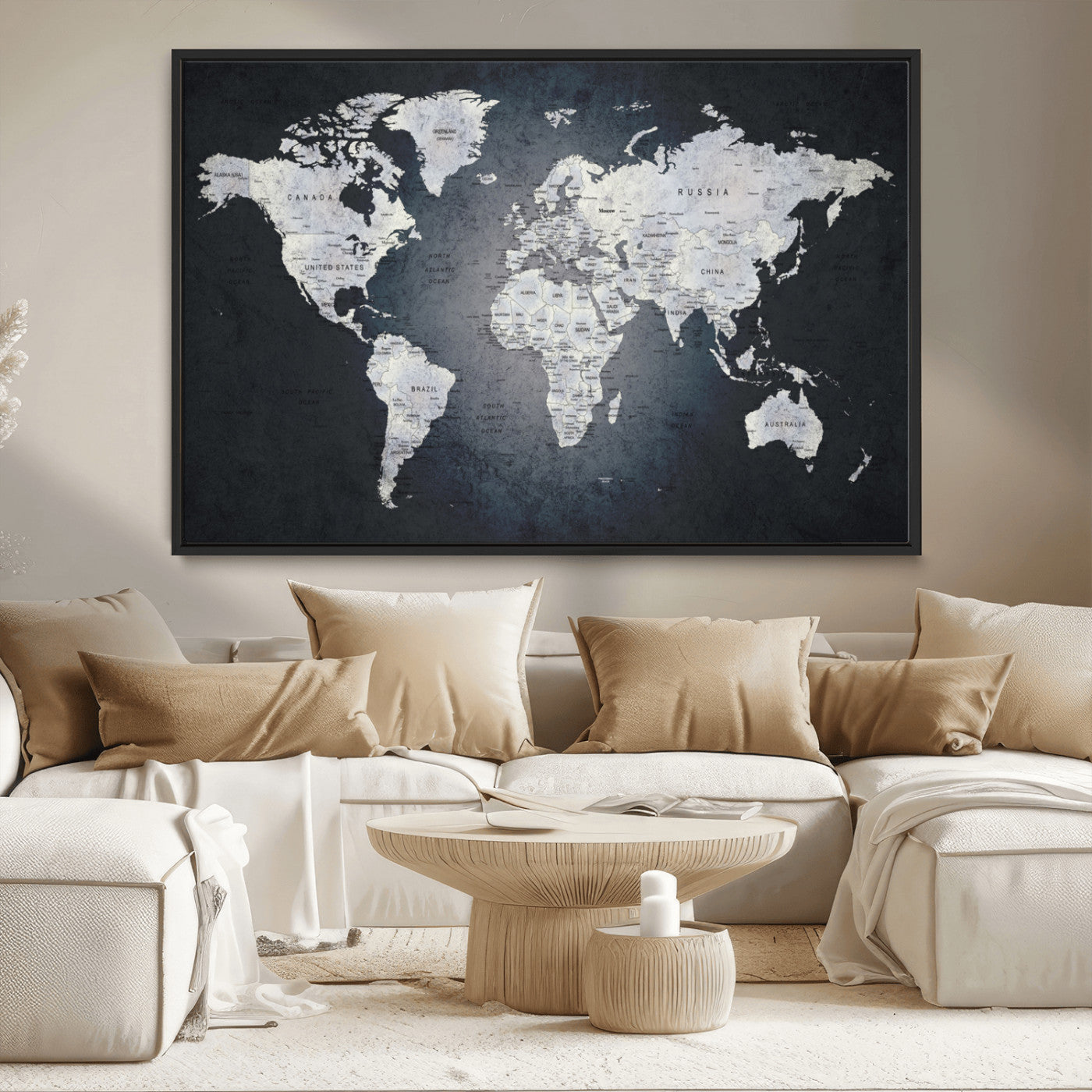 19124-MGV-CV-36X24-Modern World Map Wall Art – Black and White Canvas Print, Minimalist Global Map Decor for Office, Study, Bedroom or Living Room