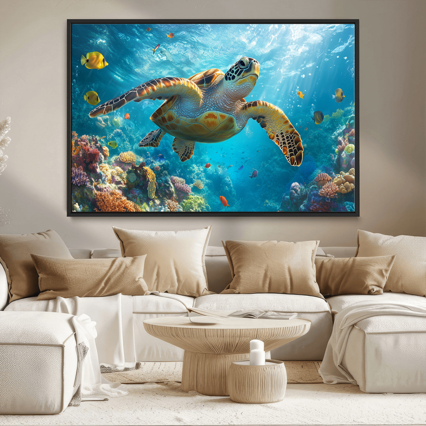 37623-MGV-CV-36X24-Sea Turtle Wall Art – Underwater Ocean Canvas Print with Coral Reef and Tropical Fish, Marine Life Painting Poster for Living