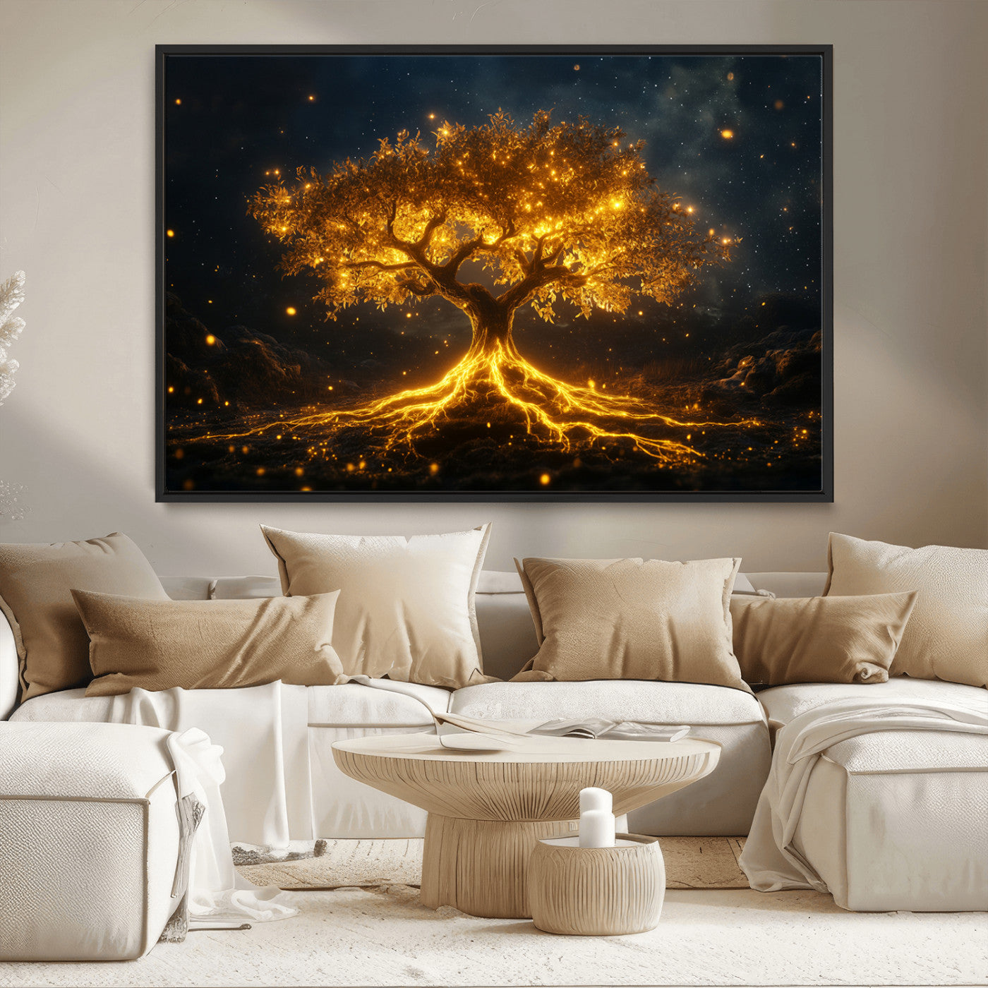 60194-MGV-CV-36X24-Glowing Tree Wall Art – Golden Roots Fantasy Canvas Print, Mystical Illuminated Tree Painting Poster for Living Room, Bedroom,
