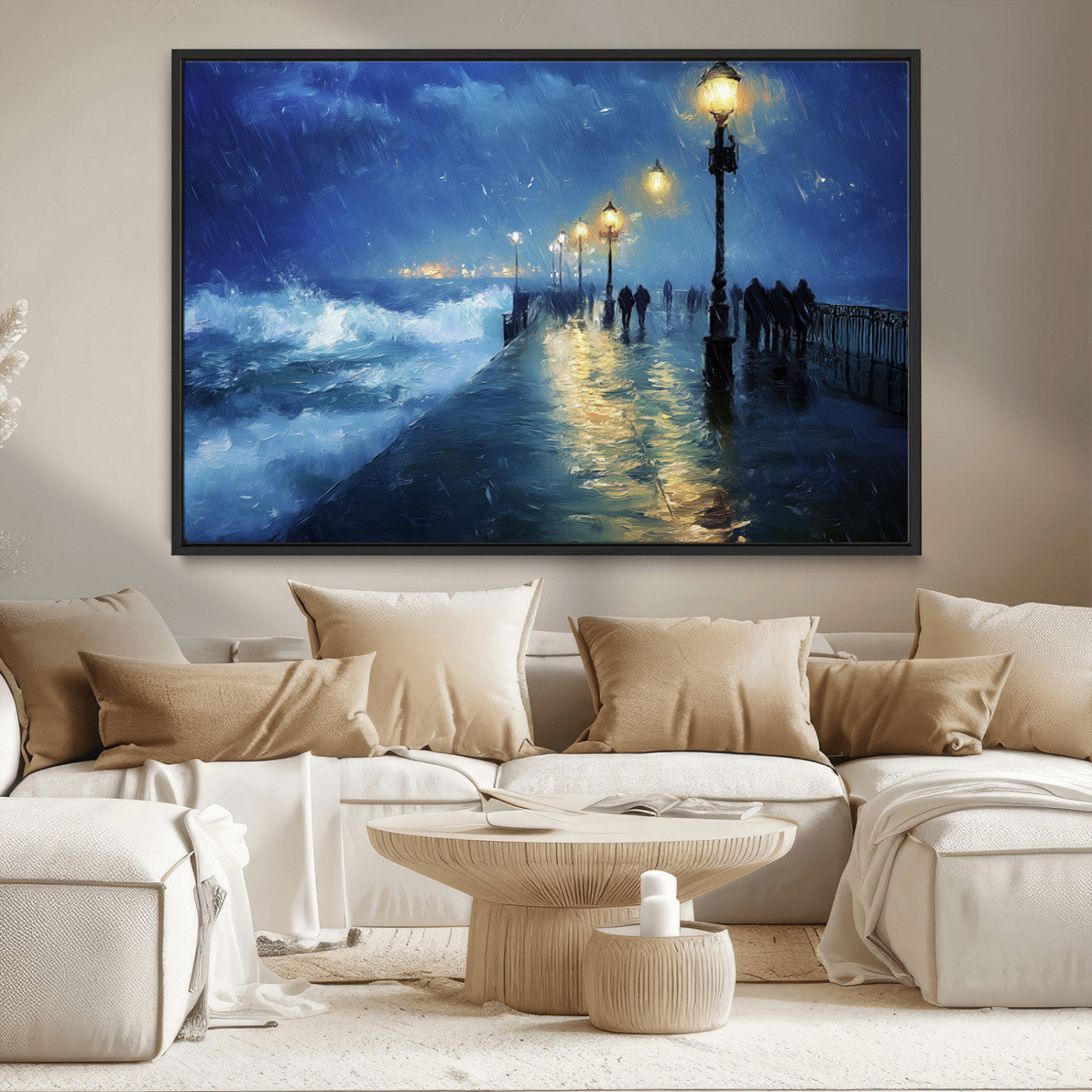 76572-MGV-CV-36X24-Stormy Night Pier Wall Art – Ocean Waves and Street Lamps Canvas Print, Rainy Seascape Oil Painting Poster for Living Room,