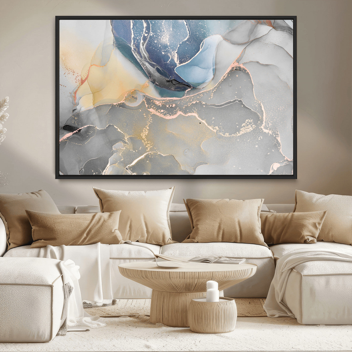 18176-MGV-CV-36X24-Abstract Fluid Wall Art – Modern Marble Ink Canvas Print with Blue, Gold, and Gray Tones, Contemporary Minimal Artwork Decor for