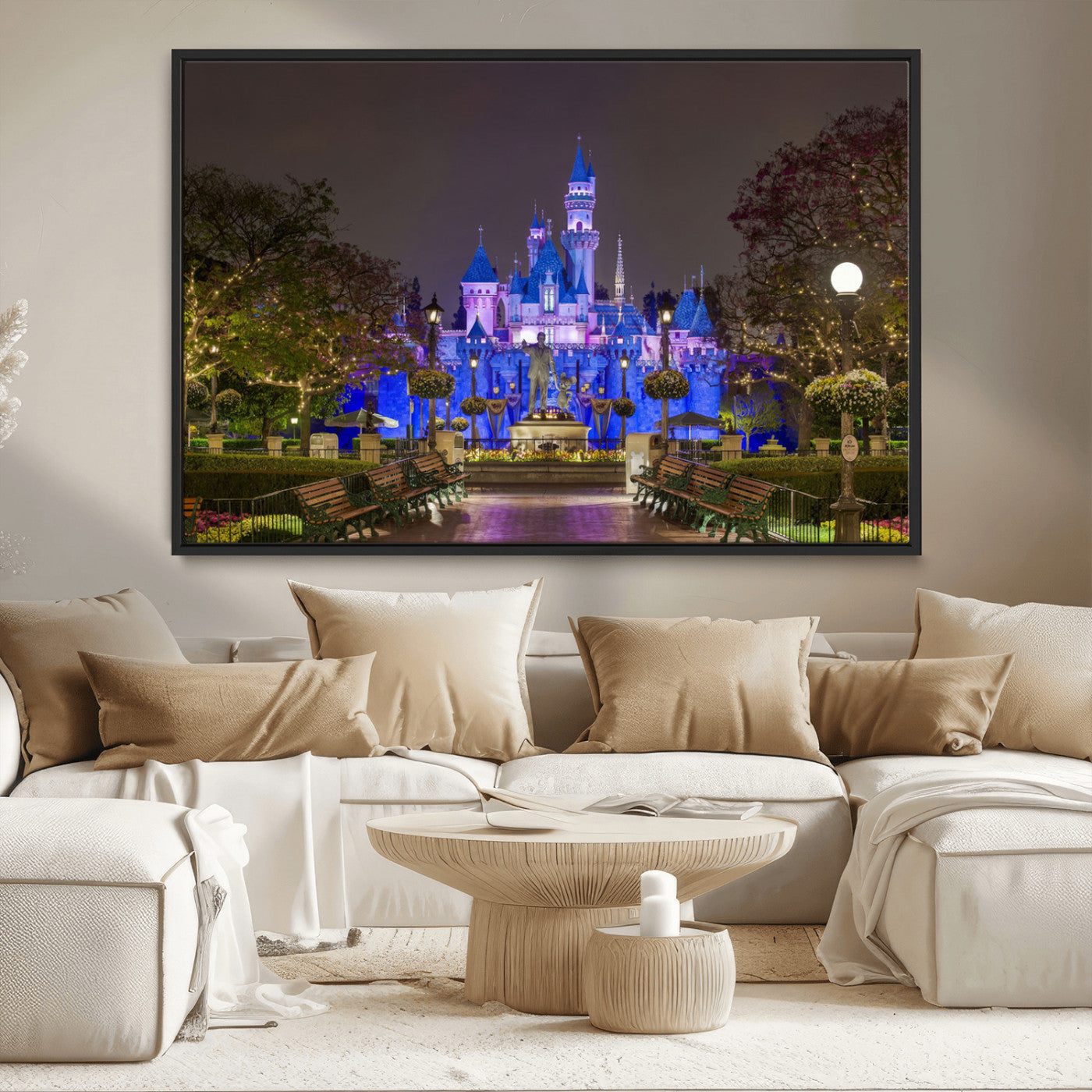 63560-MGV-CV-36X24-Fairy Tale Castle Wall Art – Magical Night Scene Canvas Print with Lights and Gardens, Fantasy Architecture Artwork for Living