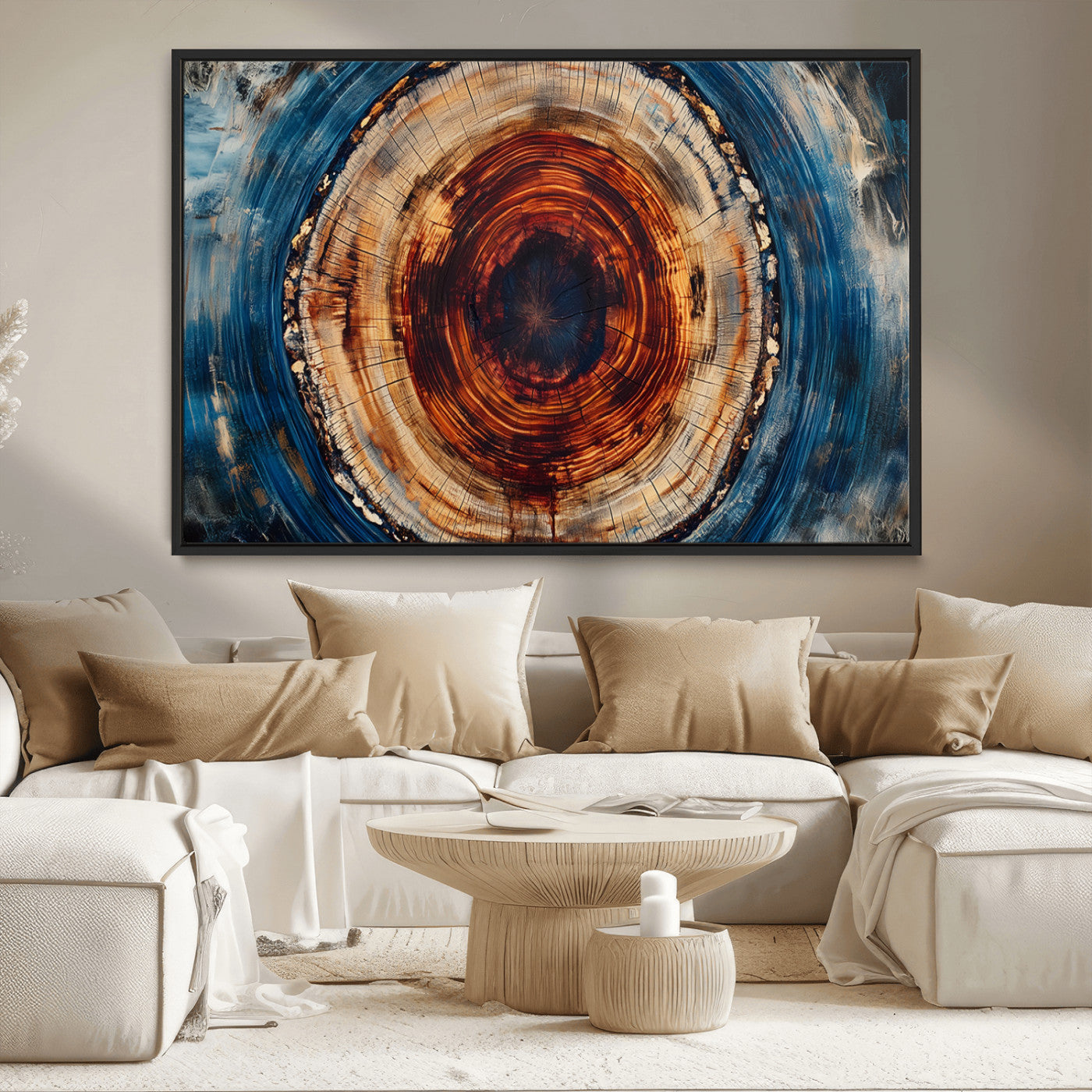 90395-MGV-CV-36X24-Tree Ring Wall Art – Abstract Wood Grain Canvas Print with Fiery Red and Blue Tones, Bold Rustic Nature Inspired Artwork Decor for