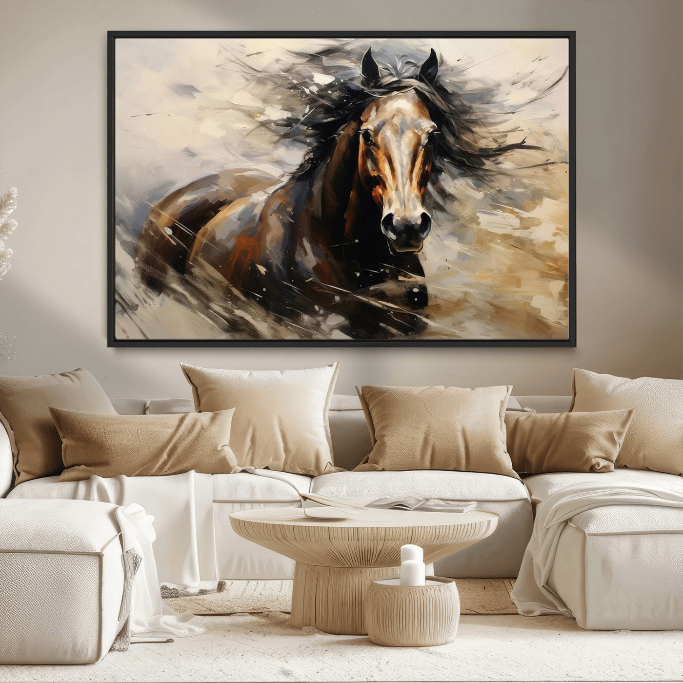 53001-MGV-FC-36X24_Black-Wild Horse Wall Art – Majestic Stallion Canvas Print with Flowing Mane, Rustic Western Style Painting for Living Room, Office or