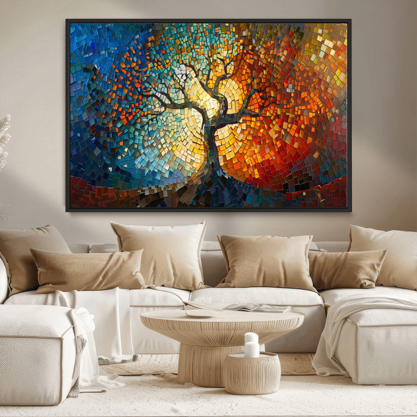 66056-MGV-CV-36X24-Mosaic Tree of Life Wall Art – Colorful Stained Glass Style Canvas Print with Radiant Blue and Orange Tones, Modern Decorative