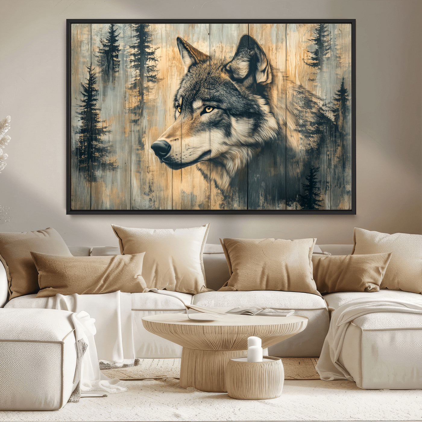 51892-MGV-CV-36X24-Wolf Wall Art – Rustic Canvas Print of Wolf with Forest Trees on Wood Texture, Wildlife Lodge Artwork for Living Room, Bedroom,