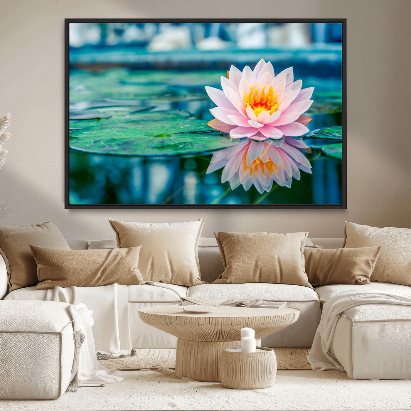 30320-MGV-CV-36X24-Pink Water Lily Wall Art – Lotus Flower Canvas Print with Reflection Water, Peaceful Botanical Artwork for Living Room, Bedroom,