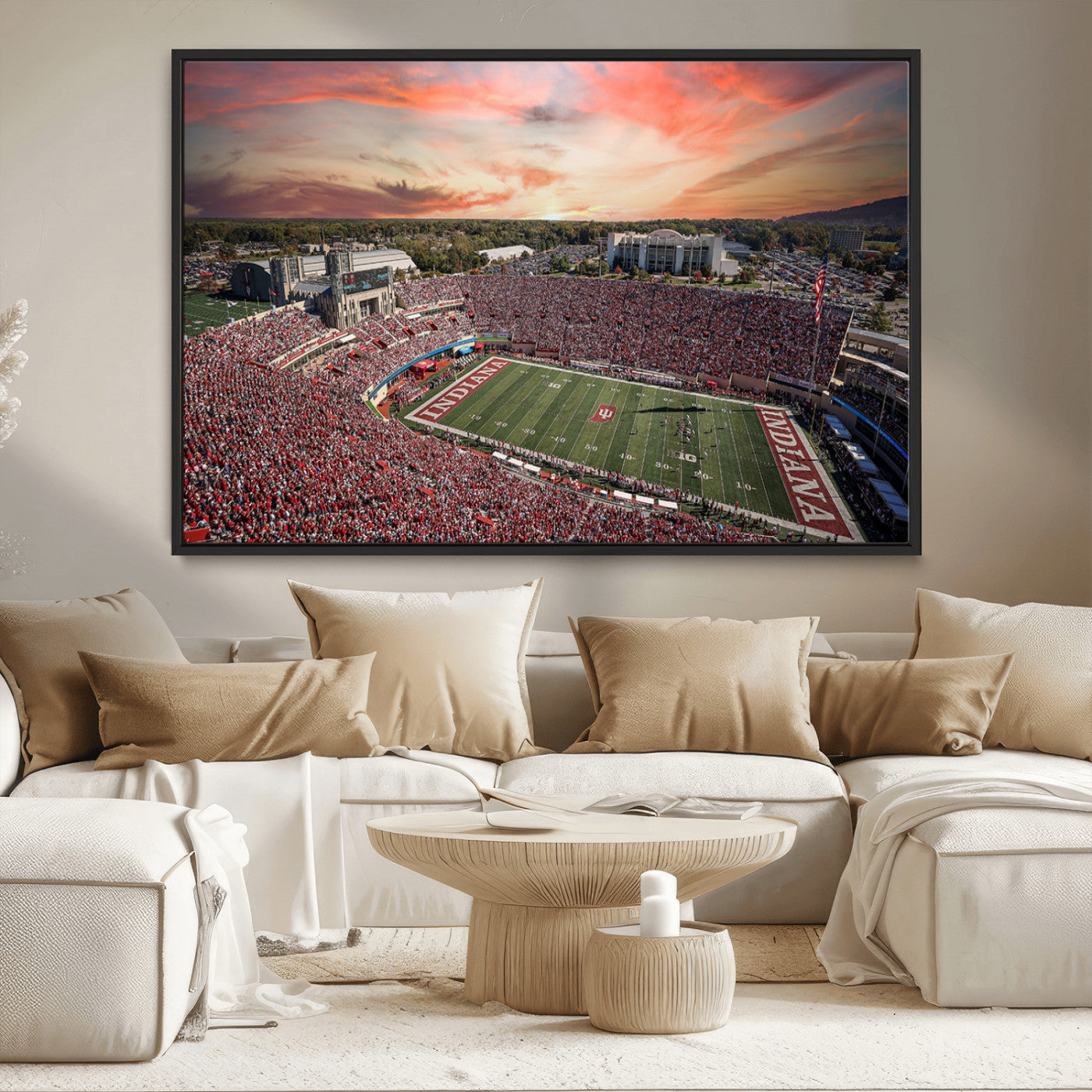 51135-MGV-CV-36X24-Indiana Hoosiers Stadium Wall Art – Panoramic Football Canvas Print with Game Day Crowd and Sunset Sky, Sports Artwork for Man