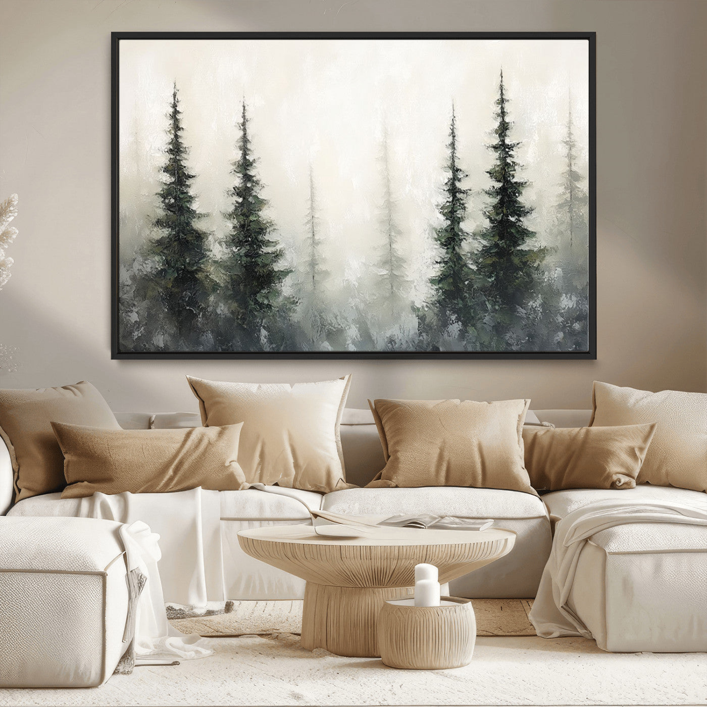 33241-MGV-CV-36X24-Misty Forest Wall Art Canvas Print, Framed Foggy Pines Art Picture Print, Forest Haze Perfect Rustic Minimalist Decor Artwork