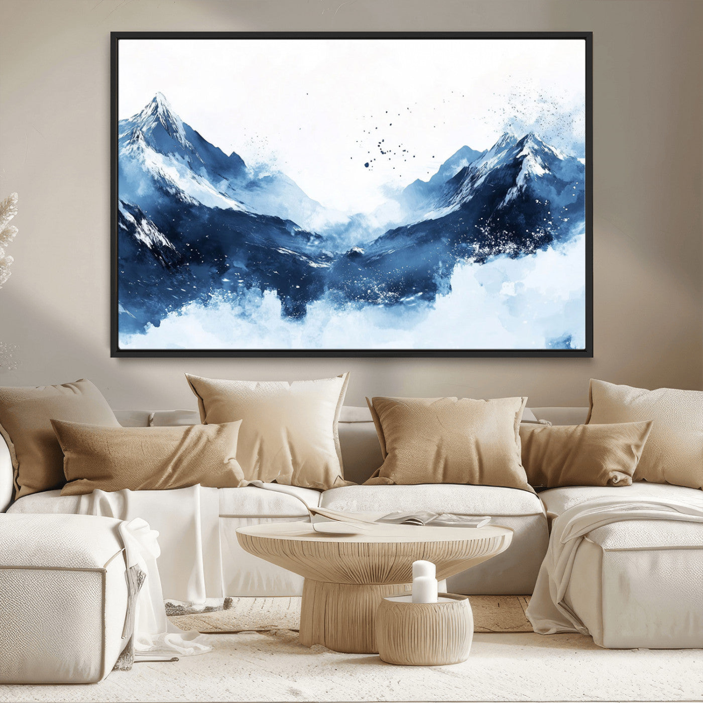 93536-MGV-CV-36X24-Snowy Mountain Wall Art – Modern Canvas Print Featuring Blue Watercolor Peaks and Abstract Splashes, Nature Inspired Artwork for