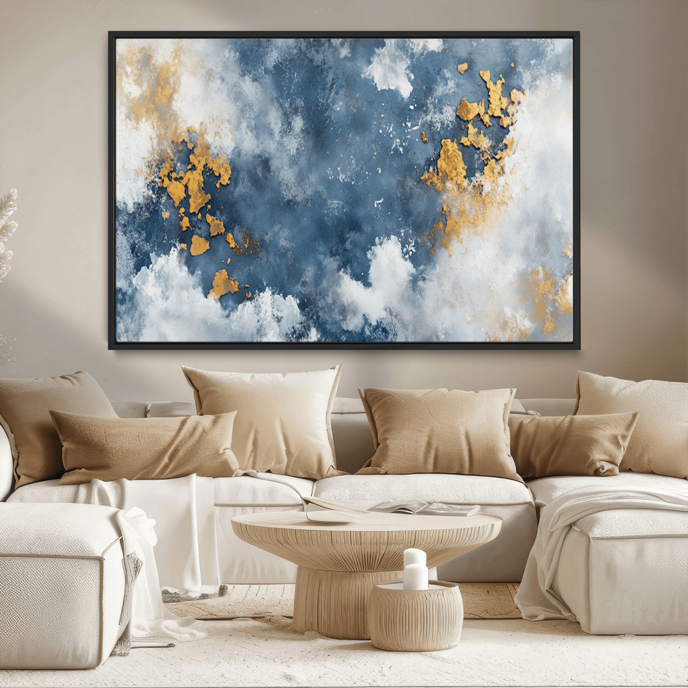 39575-MGV-CV-36X24-Blue and Gold Abstract Wall Art – Modern Canvas Print Featuring Cloudy Textures with Metallic Accents, Contemporary Artwork for
