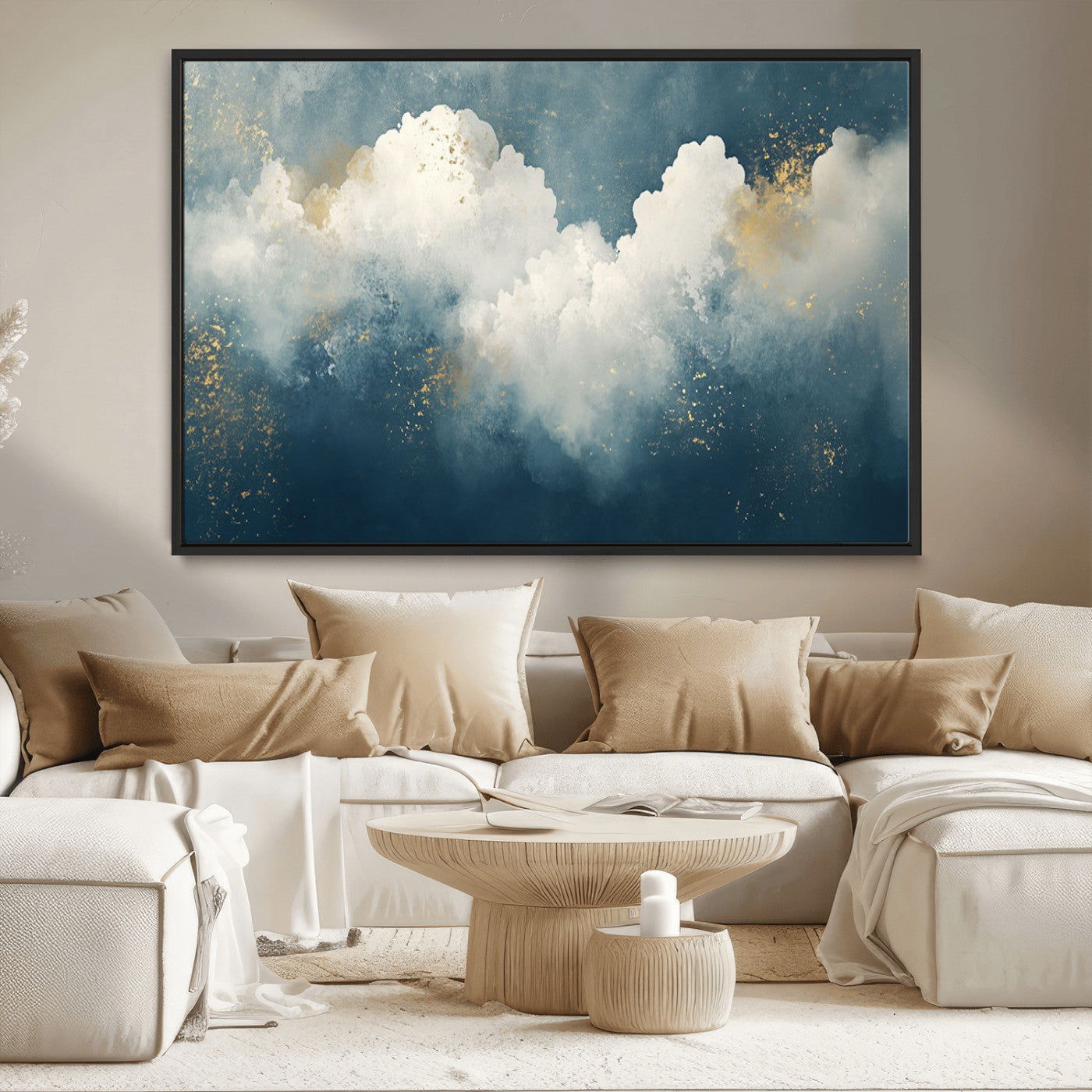 75131-MGV-CV-36X24-Abstract Cloud Wall Art – Modern Canvas Print Featuring Blue and White Clouds with Golden Accents, Contemporary Artwork for Living