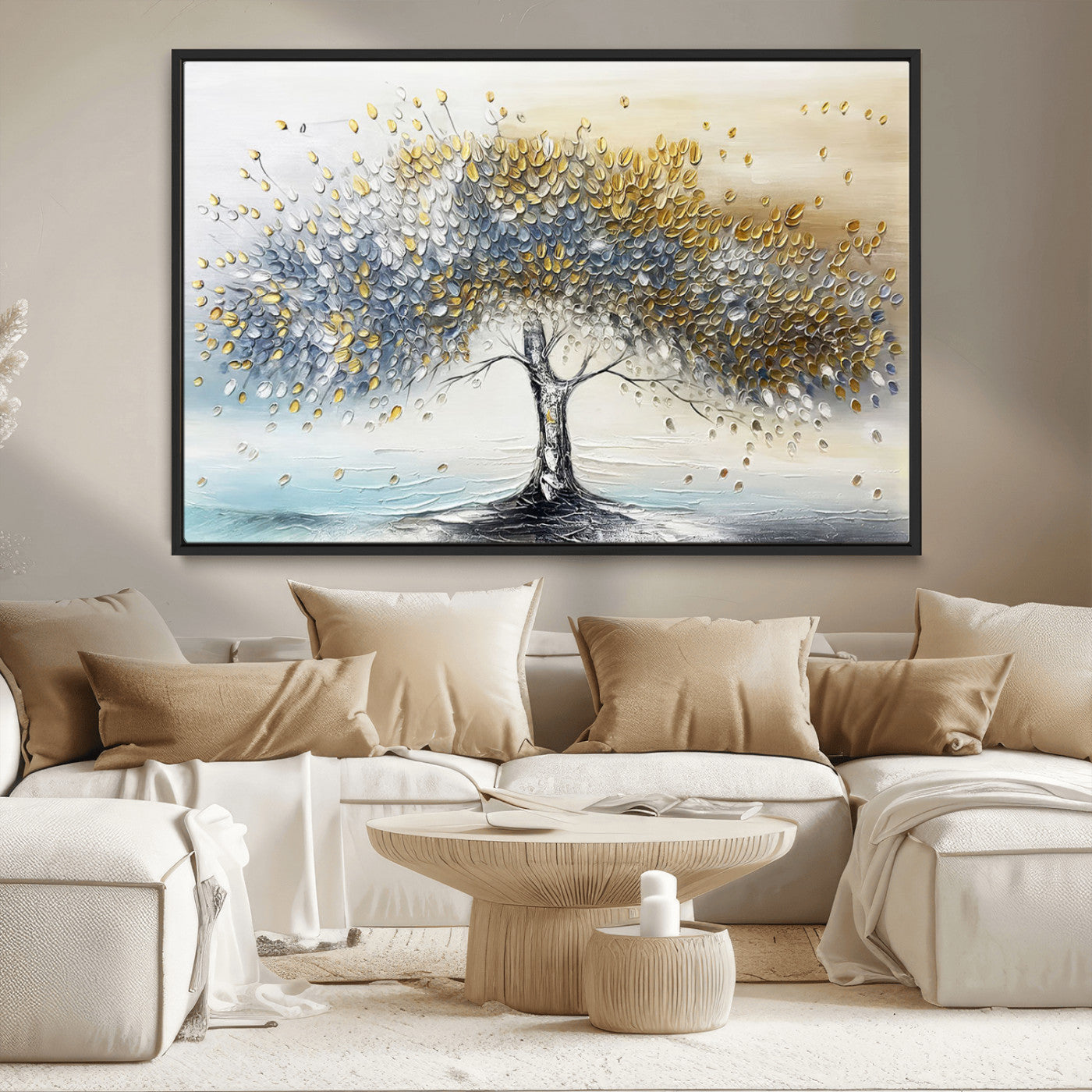 24771-MGV-CV-36X24-Silver Tree Wall Art Canvas Print, Framed Golden Leaves Art Picture Print, Metallic Tree Perfect Minimalist Luxury Decor Artwork