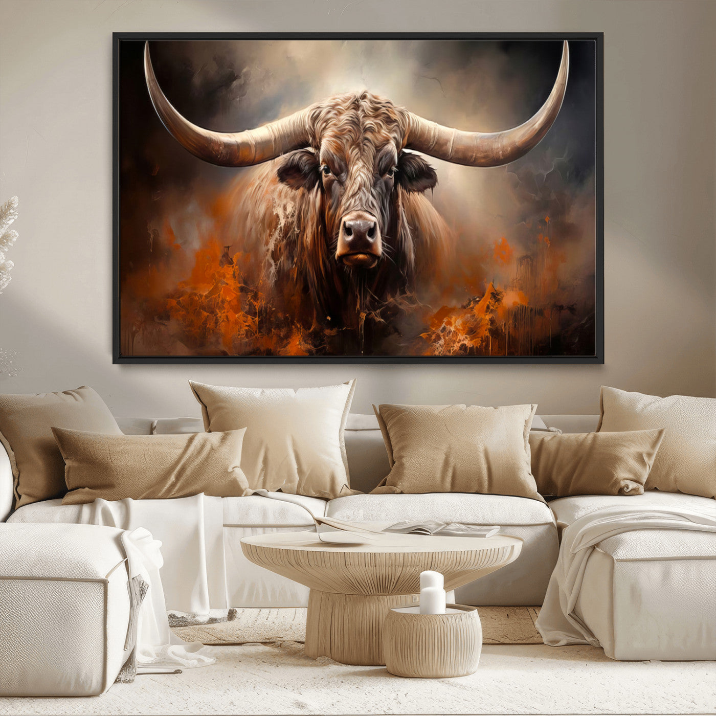 240479-MGV-CV-36X24-Longhorn Bull Wall Art – Dramatic Western Canvas Print Featuring Horned Bull with Fiery Background, Rustic Farmhouse Artwork for