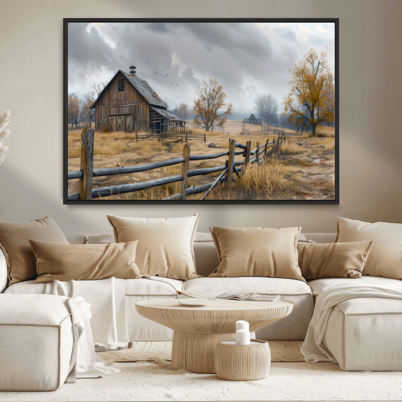 Farm1-MGV-CV-36X24-Rustic Autumn Farmhouse Wall Art – Serene Countryside Scene Canvas Print, Weathered Barn and Autumn Trees Decor for Living Room,
