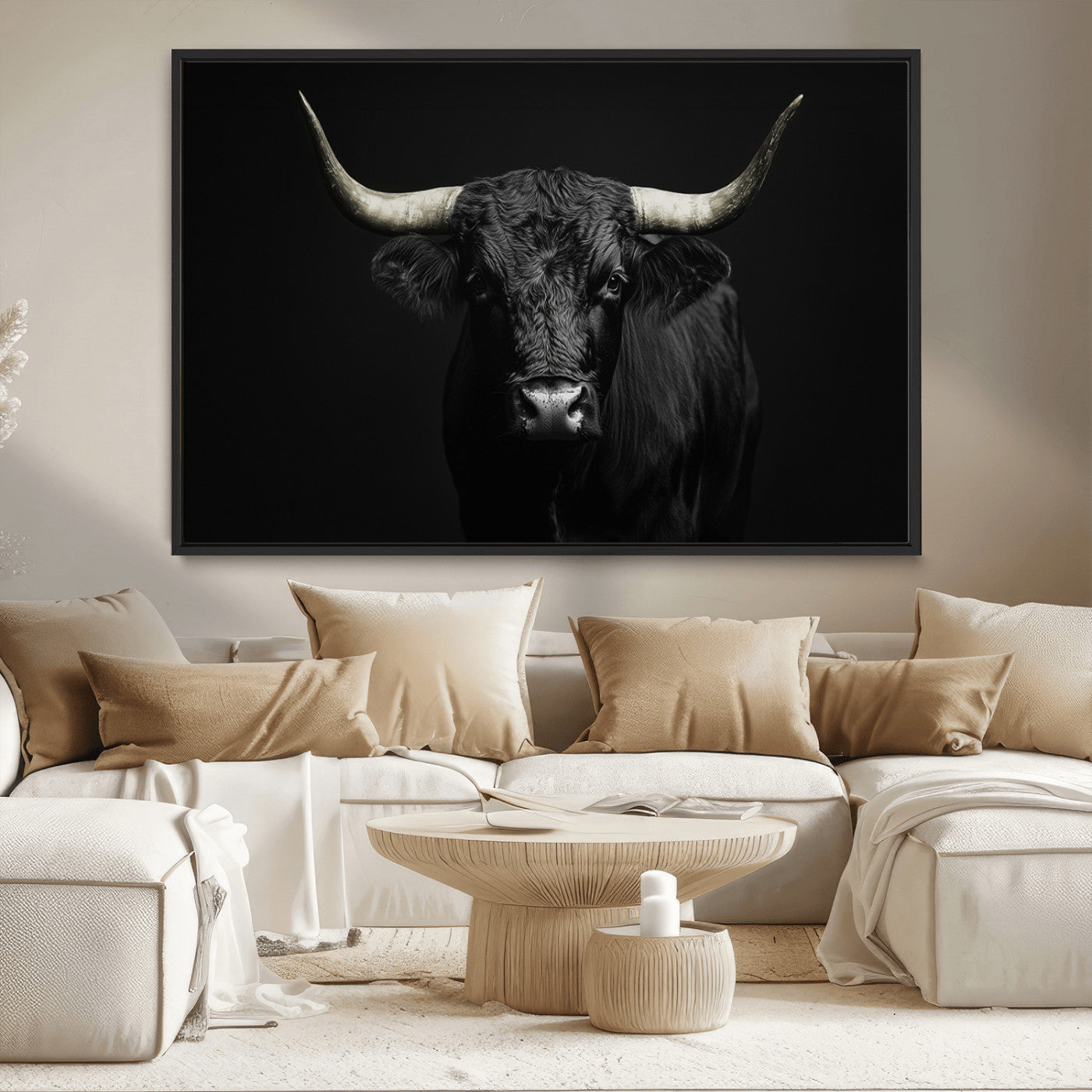 97914921-MGV-CV-36X24-Black Bull Wall Art Canvas Print, Framed Longhorn Bull Art Picture Print, Western Bull Perfect Monochrome Western Decor Artwork