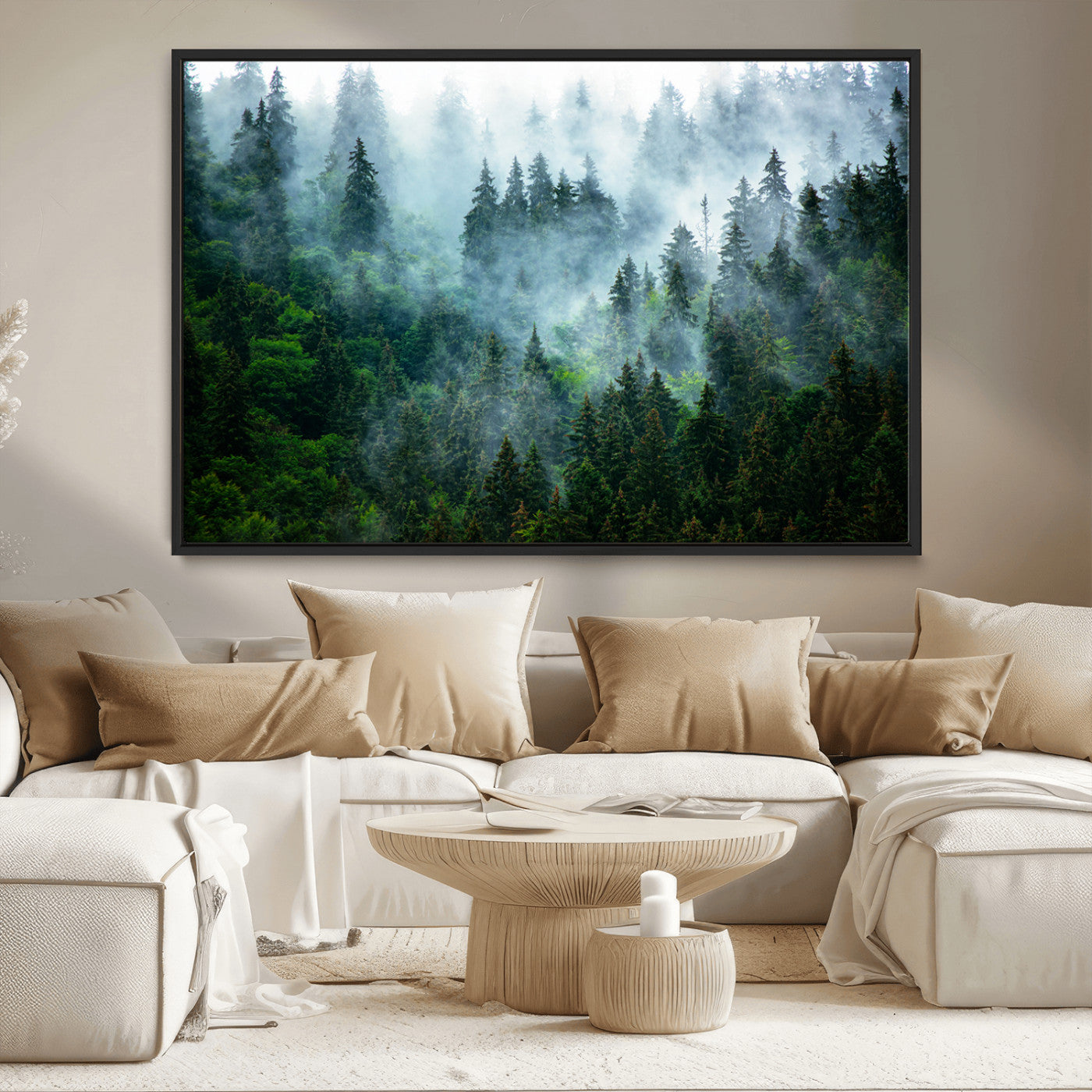 17393683-MGV-CV-36X24-Misty Forest Art Wall Art Canvas Print, Framed Foggy Mountain Art Art Picture Print, Scenic Wall Print Perfect Decor Artwork