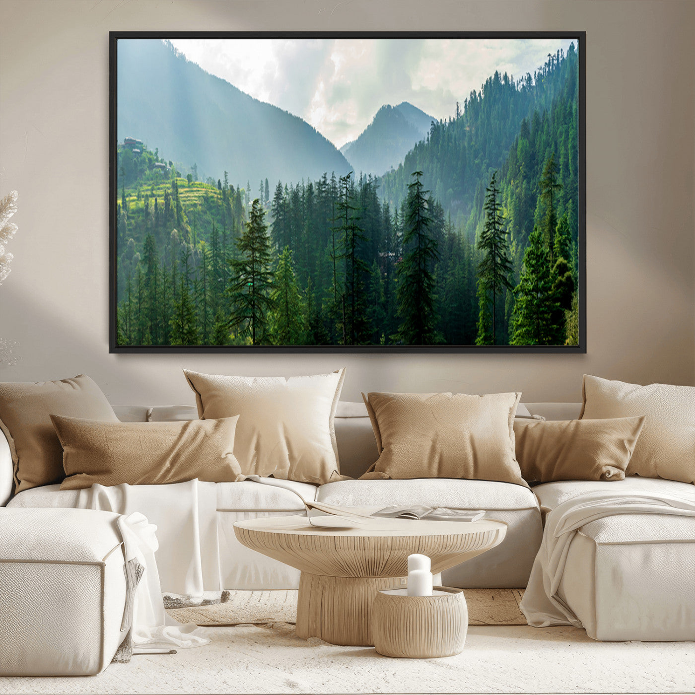 83417191-MGV-CV-36X24-Misty Mountain Forest Wall Art – Pine Tree Landscape Canvas Print, Nature Photography Panorama, Tranquil Green Forest Décor for