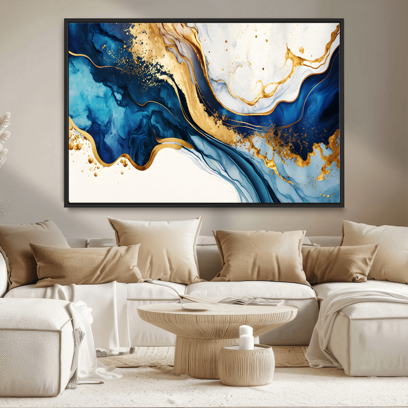 60283636-MGV-CV-36X24-Blue Gold Flow Wall Art Canvas Print, Framed Marble Texture Art Picture Print, Elegant Splash Perfect Elegant Abstract Decor