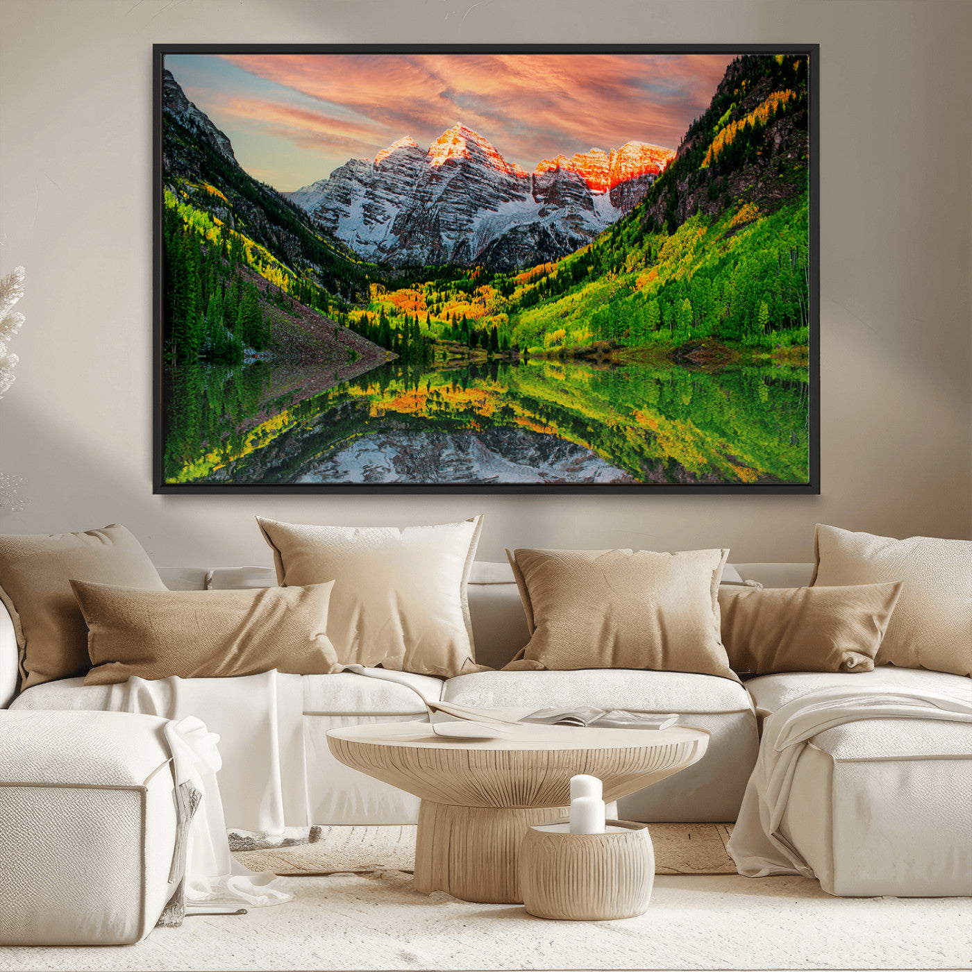 59533484-MGV-CV-36X24-Maroon Bells Autumn Wall Art – Panoramic Mountain Landscape Canvas Print, Sunset Reflection Nature Artwork for Living Room, Office