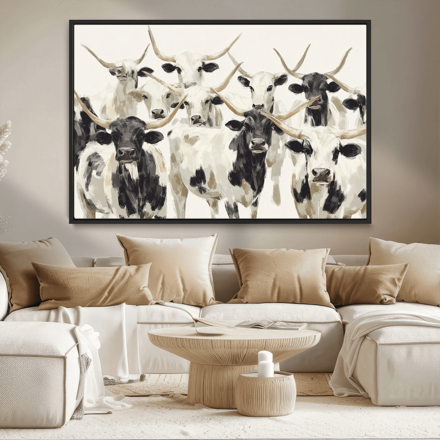 52947970-MGV-CV-36X24-Texas Longhorn Wall Art Canvas Print, Framed Cattle Herd Art Picture Print, Herd Portrait Perfect Modern Farmhouse Decor Artwork